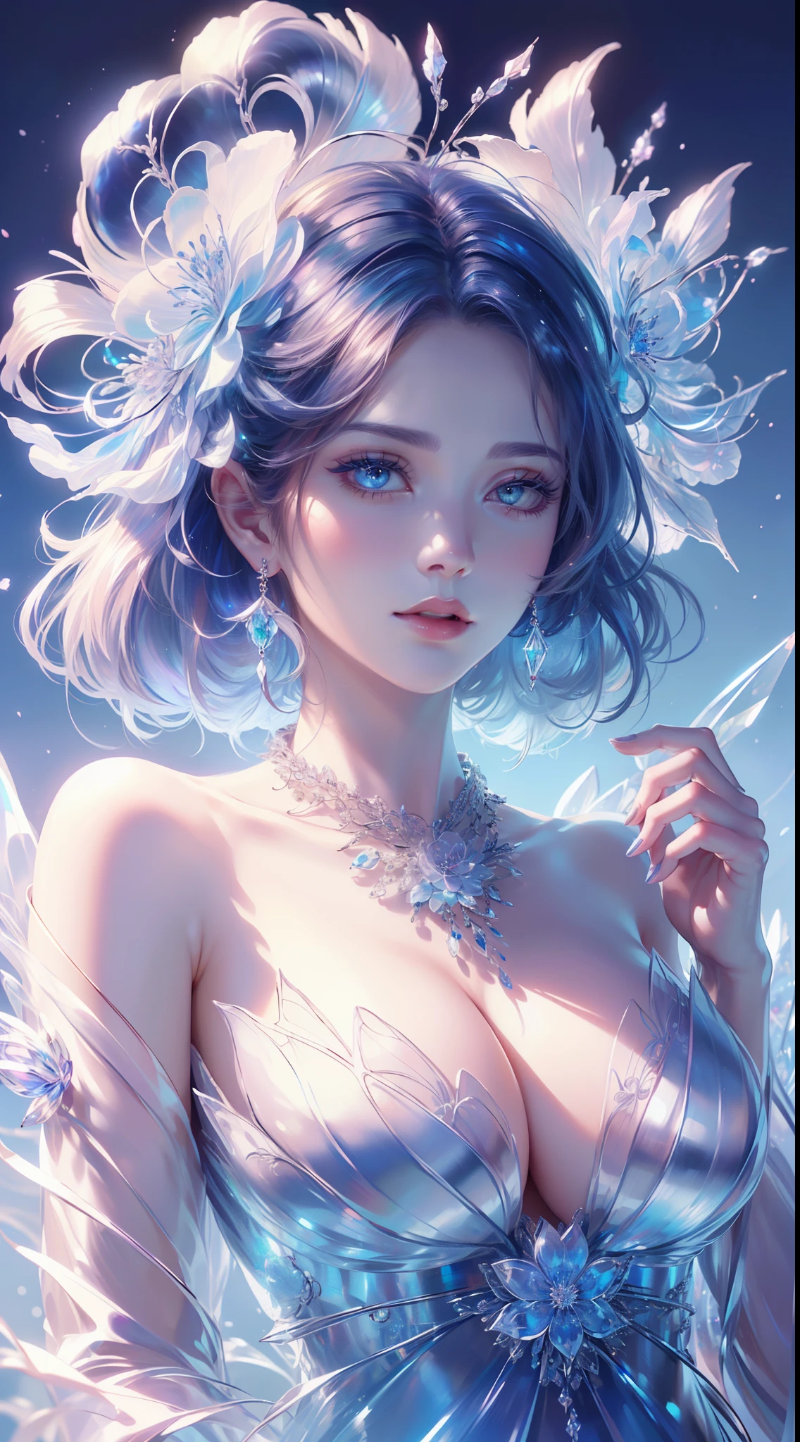 tmasterpiece，Highest high resolution，((((ruit))))，Dynamic head photo of beautiful aristocratic girl，Blue hair is elegantly coiled，（((Wearing a huge flower crown、Hats，jewelery，adiamondnecklace)))，Purple clear eyes，(((The hair is covered with beautiful and delicate floral craftsmanship, Crystal jewelry filigree)))，Ultra-detailed details，Hands naturally droop。