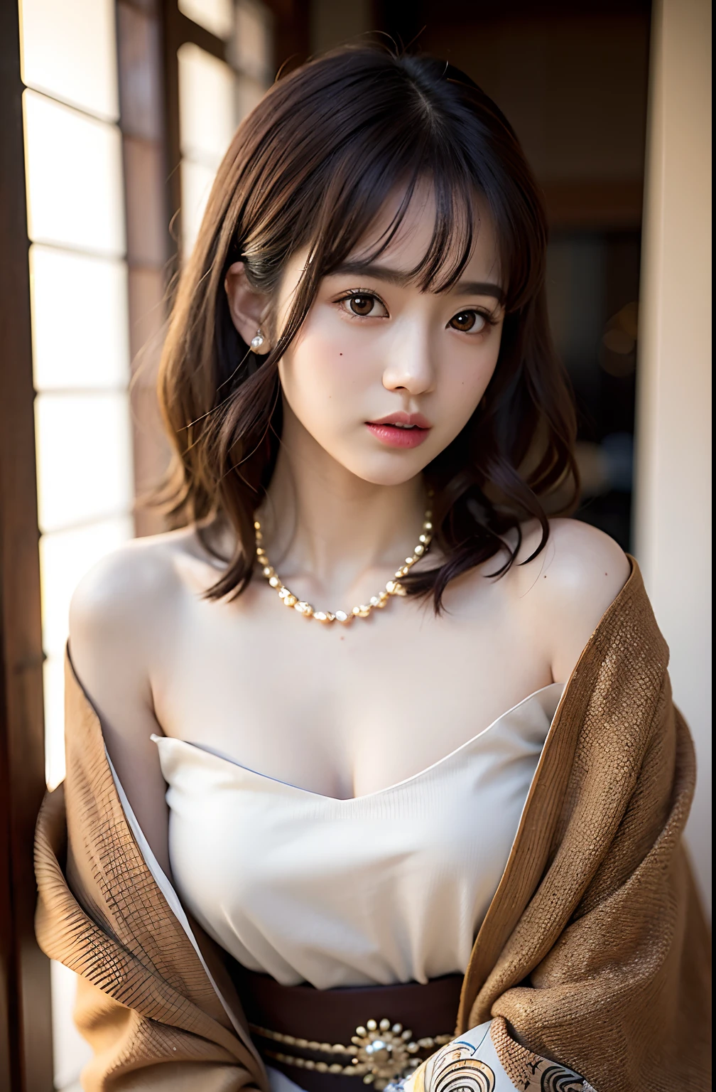 smile、laugh, Laughter、　White panties、night、Raw photo、(((ultimate beauty portrait)))、((glowing skin))、1 girl、15 year old beautiful girl from Prague、bright look、((brown hair))、(cleavage)、(flare skirt:1.5)、((Big eyes that shine like jewels))、open cardigan、open your clothes、pantyhose、Glossy and glossy skin、(medium hair)、(silky ponytail hair)、( Are standing)、(from below)、under the skirt、(from below下着の接写)、eyeliner、beautiful bangs、hair between eyes、((masterpiece、最high quality、super detailed、film light、intricate details、High resolution、very detailed))、detailed background、8KUHD、Digital single-lens reflex camera、soft light、high quality、film grain、Fujifilm XT3 、shallow depth of field、natural soft light、Kamimei、rich bust