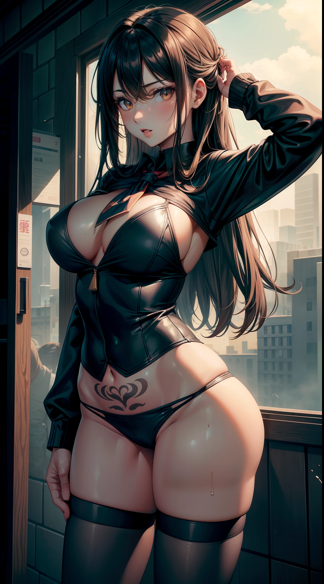 hot girls，female high-school student，long leges，huge tit，Superb body，Naked female big breast，elaborate faces，Enchanted expression，Brown skin，seductiv，The kinky is exposed，Raised sexy，Tattooed with，long whitr hair，Sweat all over the body，Get wet，无袖，short  skirt，a sailor suit，black lence stockings，Leaking out of the chest，Leaking panties，Place your hands on your head，standing on your feet，Emphasis on the chest，Emphasis on the buttocks，Enchanted look，Turn your back to the camera，looking behind，Full body like，best qualtiy，cinmatic lighting，detailed back ground，extreme hight detail，The face is clear，Remove shadows，A high resolution