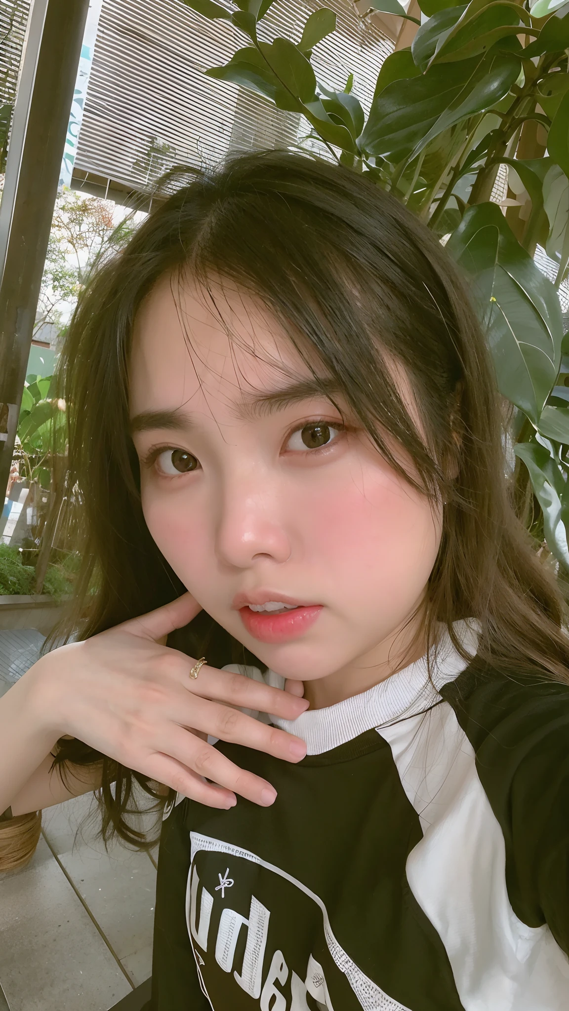 ((Best quality, 8k, Masterpiece :1.3)), sensual woman, 1girl, (slender figure :1.2), dark brown hair, (outdoor, shirt, shorts :1.1), ultra-detailed face, detailed lips, detailed eyes, double eyelid,(Gigantic breasts:1.5)