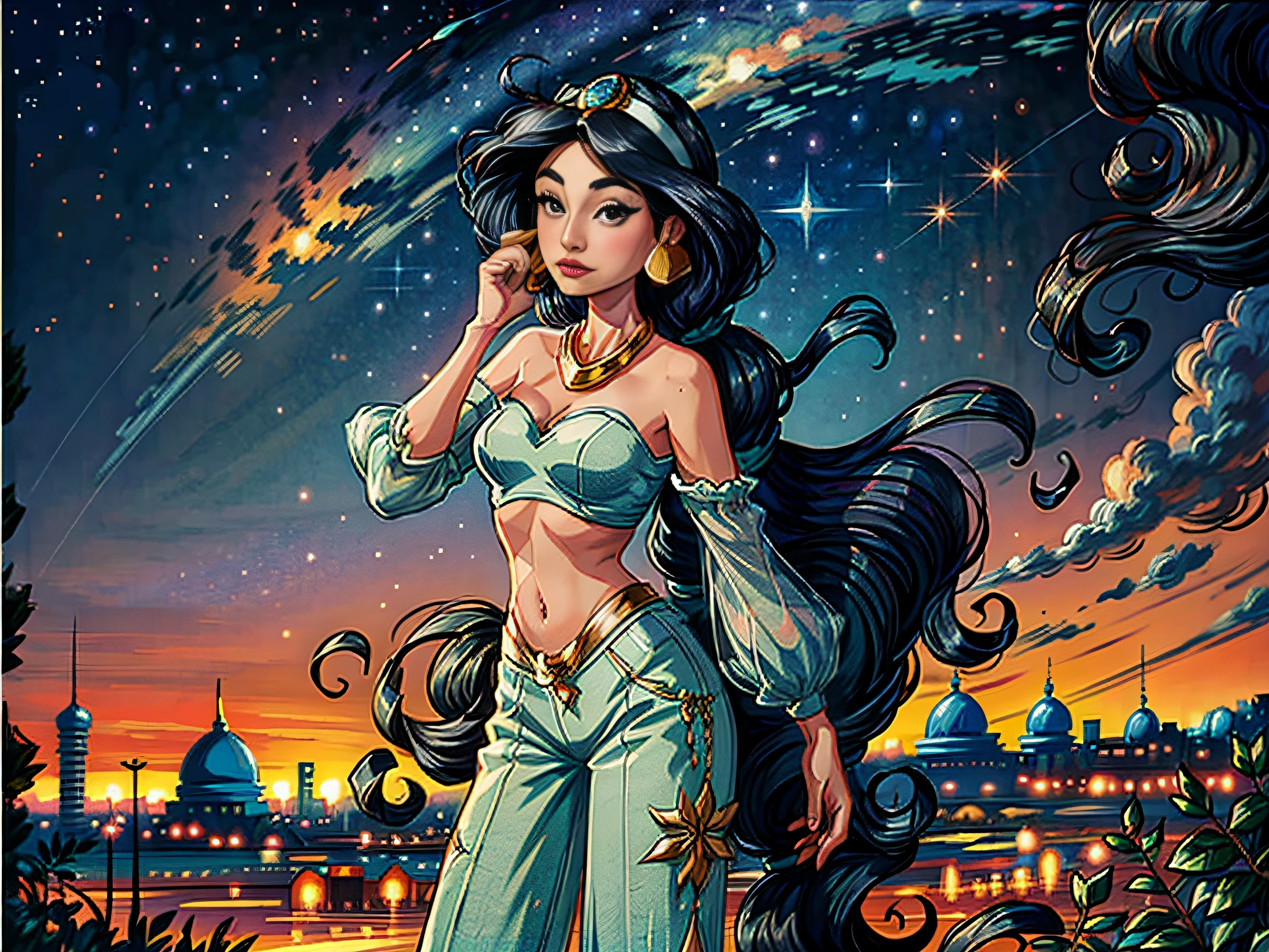 (JasmineWaifu), (full shot), Jasmine (outside the arabian palace:1.2), (pants), (looking at the sky), starry night