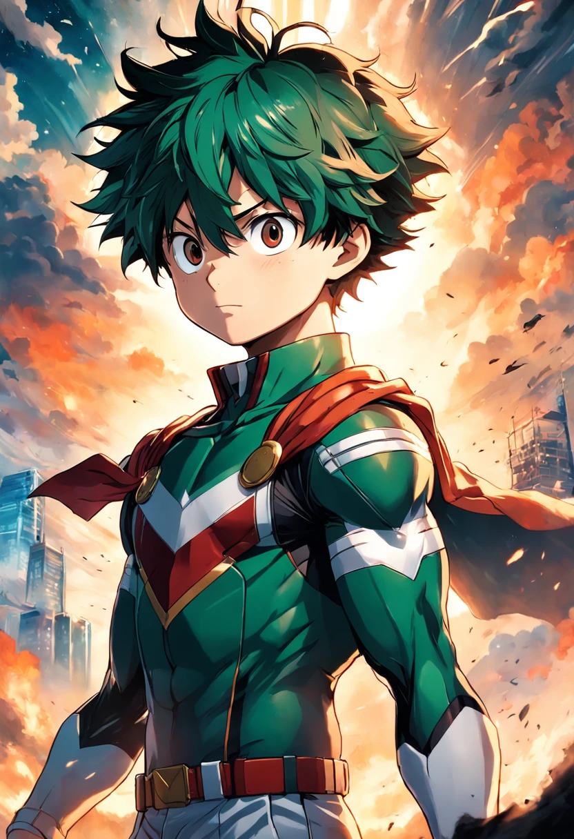 whole body, izuku midoriya, A boy with green hair and blue eyes, Wearing a green and white hero costume, izuku midoriya出自《My Hero Academia》, Cracking sounds around the hands，Ready to fight, Dynamic action poses, Bright blue sky with fluffy clouds in the background, Anime-style illustrations, 4K resolution, Highly detailed official artwork, Spectacular comic aesthetic
