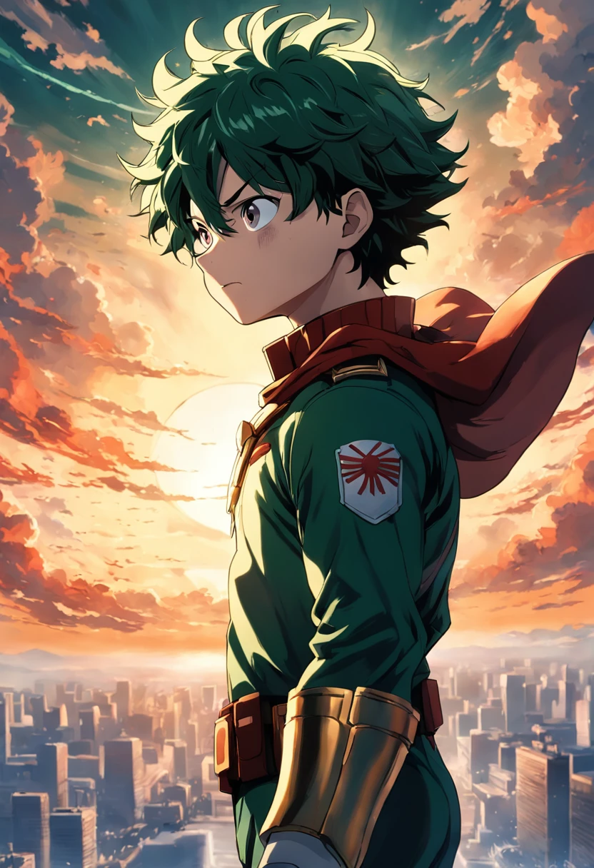 Create a breathtaking movie poster capturing the essence of Kohei Horikoshi's my hero academia, featuring Deku in his iconic hero uniform, gazing solemnly into the captivating sunset.