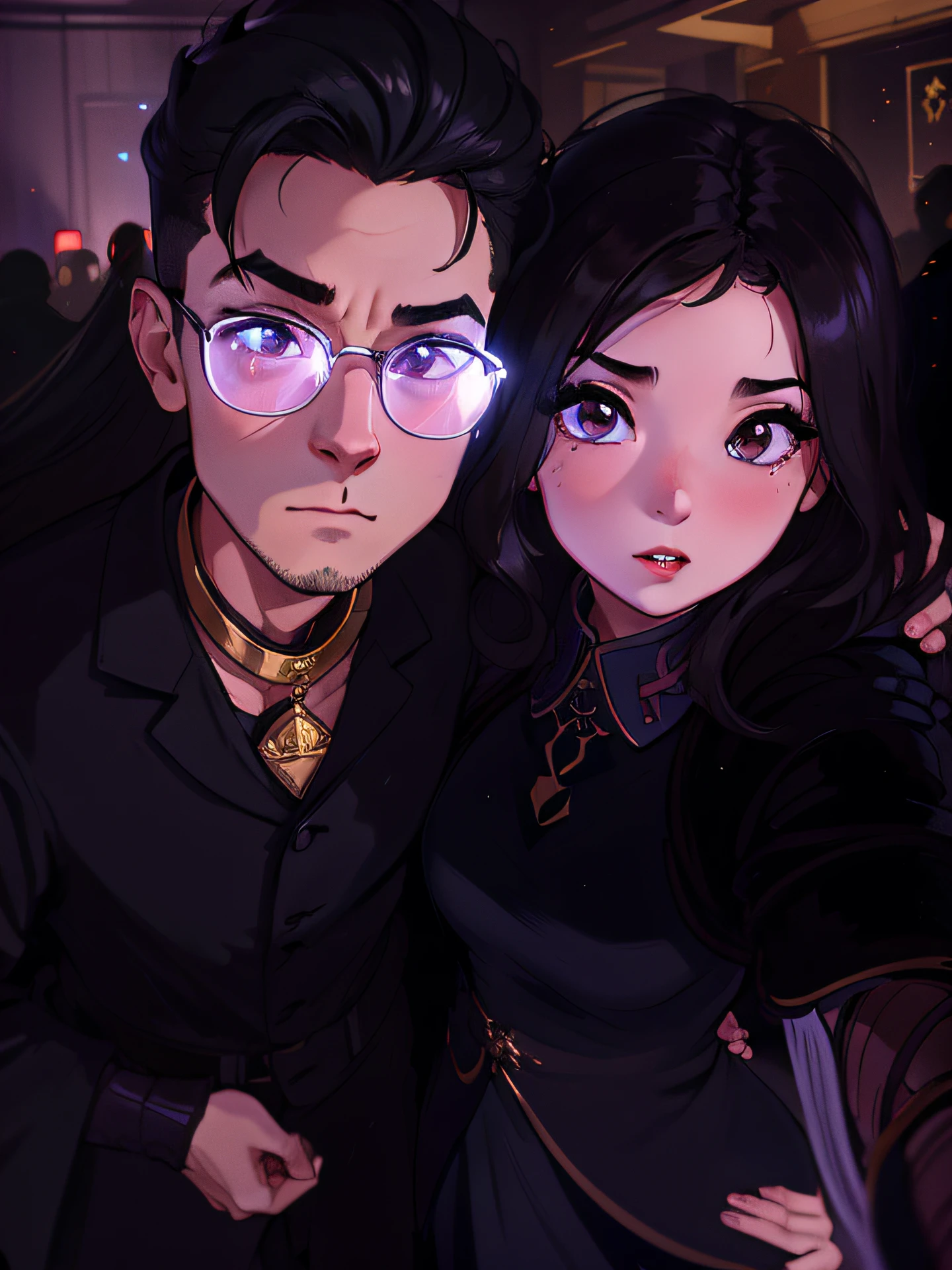 they are posing for a picture together in a room full of people, profile pic, very very low quality picture, with her long, profile picture, taken in night club, with black, ruan jia and brom, smooth in _ the background, very very low quality, lovely couple, couple, profile image, photo taken in 2 0 2 0, ✨🕌🌙