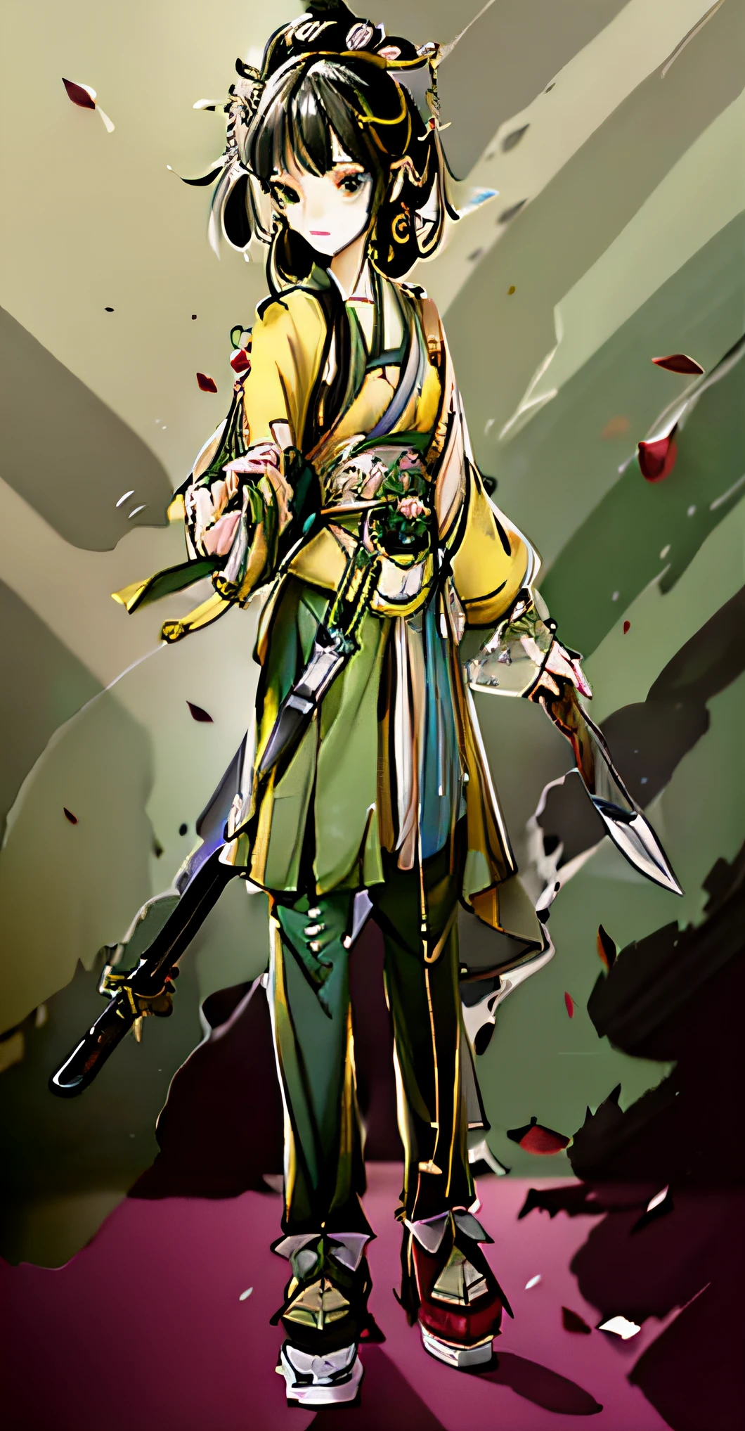 Drawing a girl with green and yellow clothes and a knife and a branch inspired by Kamizaka Seka，Inspired by the full-body concept and official art of Hans Bit Wieland and Epo Dorf，Colorful line art is used to depict the Fang Tuoba style，Add Gaston Angrad's character design and humanoid elements。