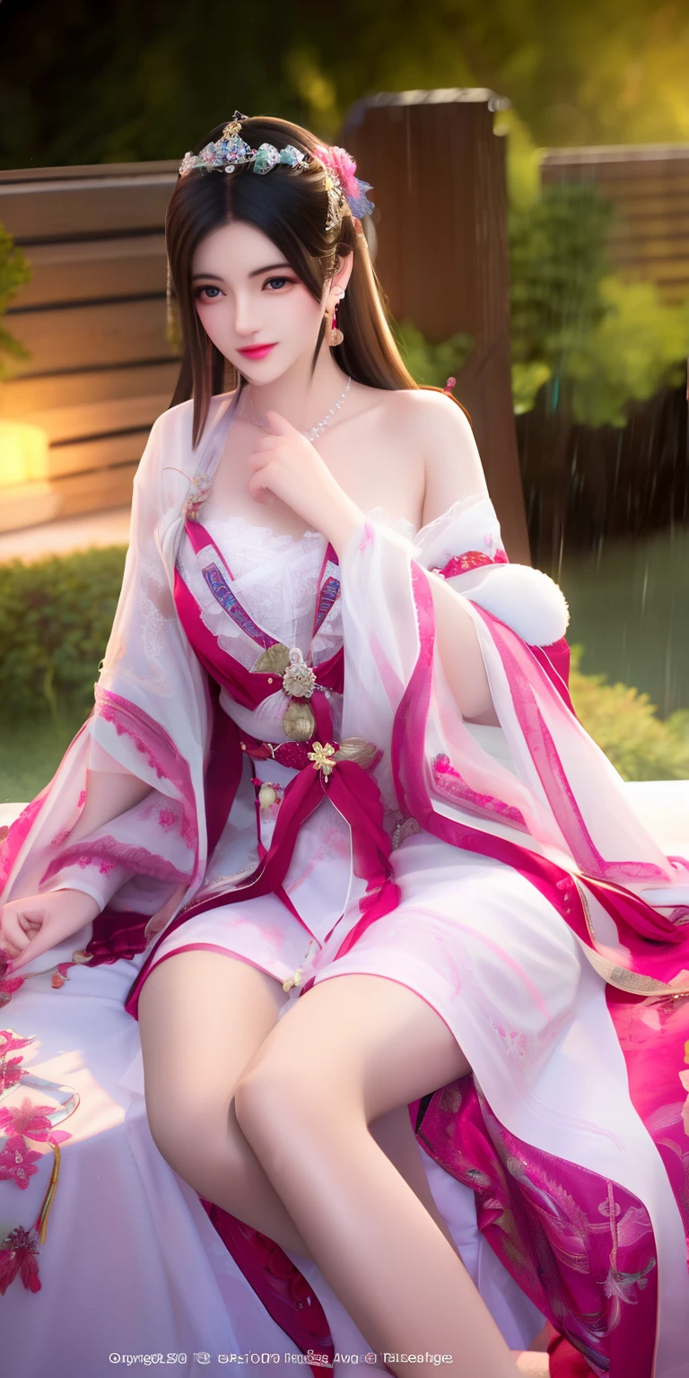 there is a woman in a pink dress posing for a picture, Palace ， A girl in Hanfu, xintong chen, Soft portrait shot 8 K, dilraba dilmurat, wearing pink floral gown, Hanfu, shaxi, yanjun cheng, White Hanfu, cute elegant pose, gorgeous chinese models, inspired by Ma Yuanyu, Ethereal beauty，Long legs，full bodyesbian，