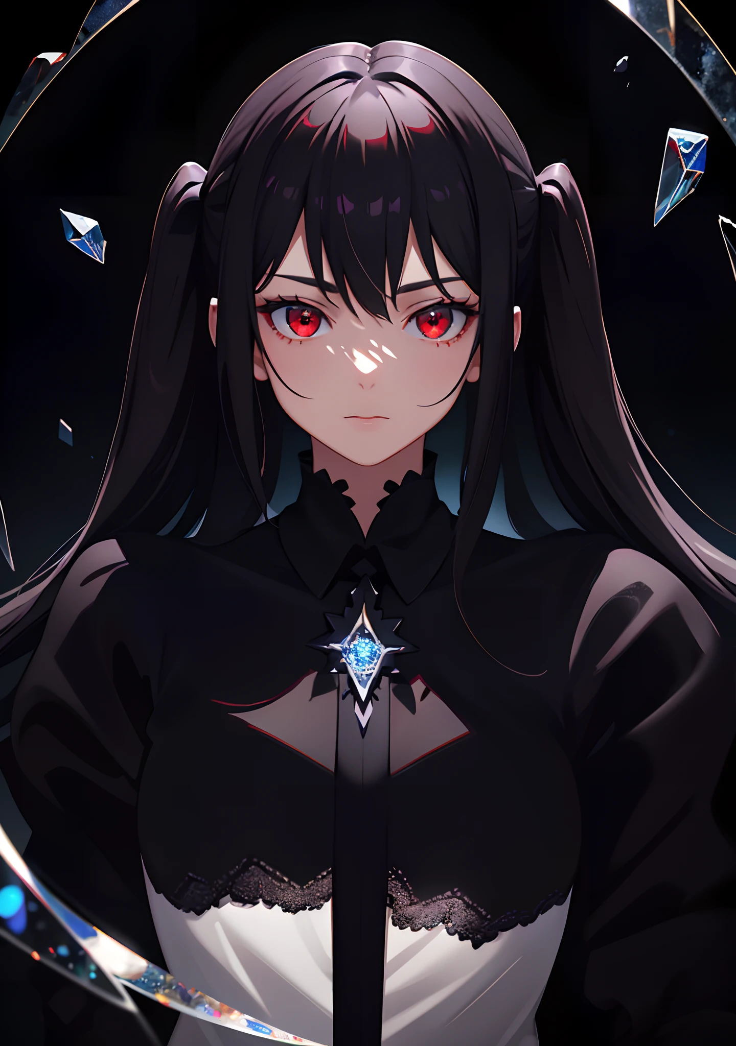 (Masterpiece, Best quality, Ultra-detailed, Best shadow), (Detailed background,Dark fantasy), (Beautiful detailed face), High contrast, (Best illumination, An extremely delicate and beautiful), ((Cinematic light)), Colorful, hyper-detailing, Dramaticlight, Intricate details, (1 girl, Solo,Black hair, sharpy face,Low Twin Tails,Red eyes, hair between eye,Dynamic Angle), blood spatter, swirling black light around character, Depth of field,Black light particles,(Broken glass),Magical Circle,