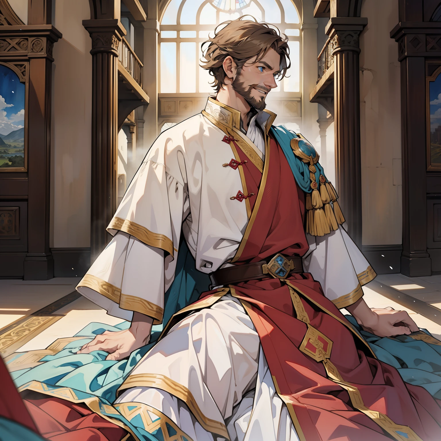 very high quality, perfect emotions, perfect face, clear eyes, masterpiece, Anime style, Manhwa style, watercolour, cold colors, Medieval times, higly detailed, Dramatic lighting, 1old man!!! with curly short brown!!hair and blue eyes wearing white holy knight clothes on top of which is a burgundy robe, looks with a warm smile; View from profile,half body,  in the banquet hall, old man!!! 50 years old man!!! Old!! Wrinkles!! Beard! Warm smile!! Old!! Wrinkles!! Clean face!! Old man!