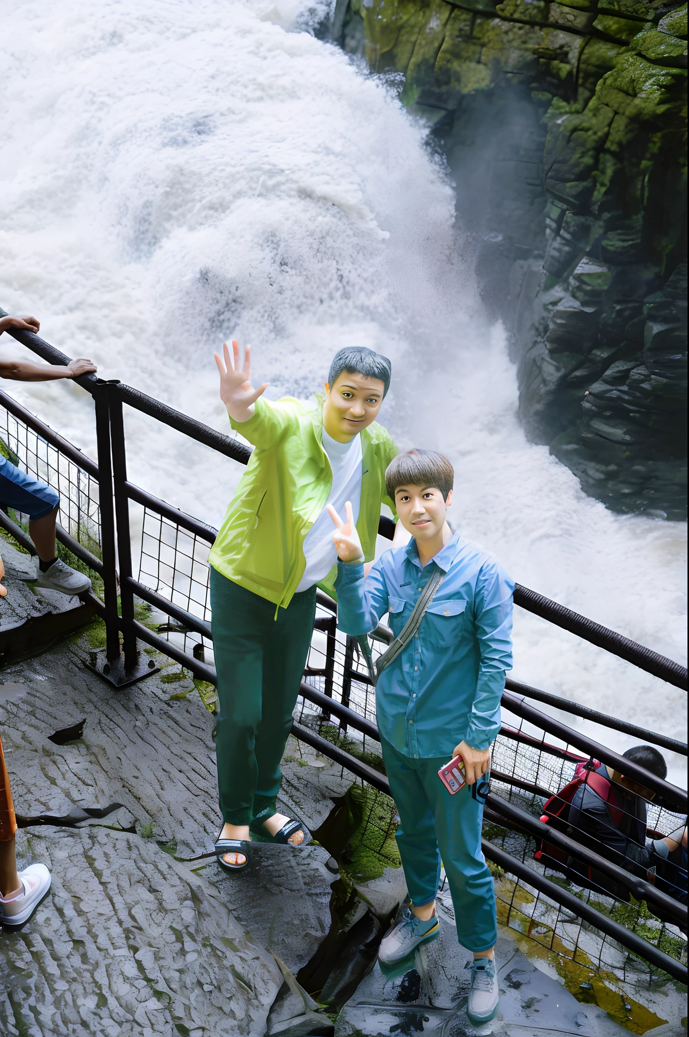 There was a man and a woman standing on a bridge near the waterfall, with a waterfalls, with waterfalls, Ruan Jia and Fenghua Zhong, next to a waterfall, standing close to waterfall, standing in front of a waterfall, with waterfalls and river, in a cave with the waterfall, ji-min, having fun, tour, information, standing in a waterfall