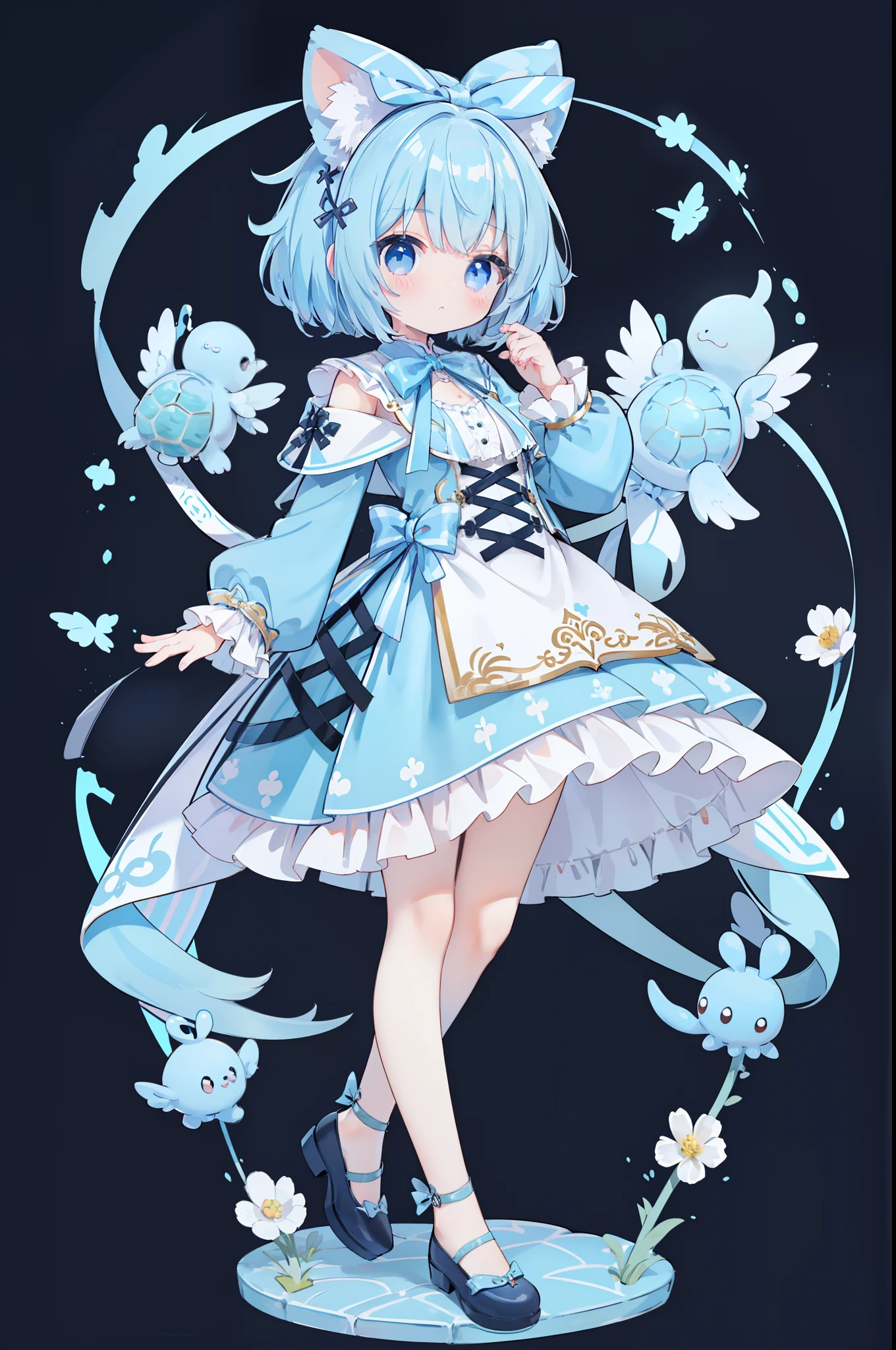 One girl、Short stature、、lightblue hair、Light blue eyes、Cute Baby Turtle、Straigace、Pop background、tmasterpiece、top-quality、Top image quality、8K、bow ribbon、Ribbon on the back、Ribbon dress、