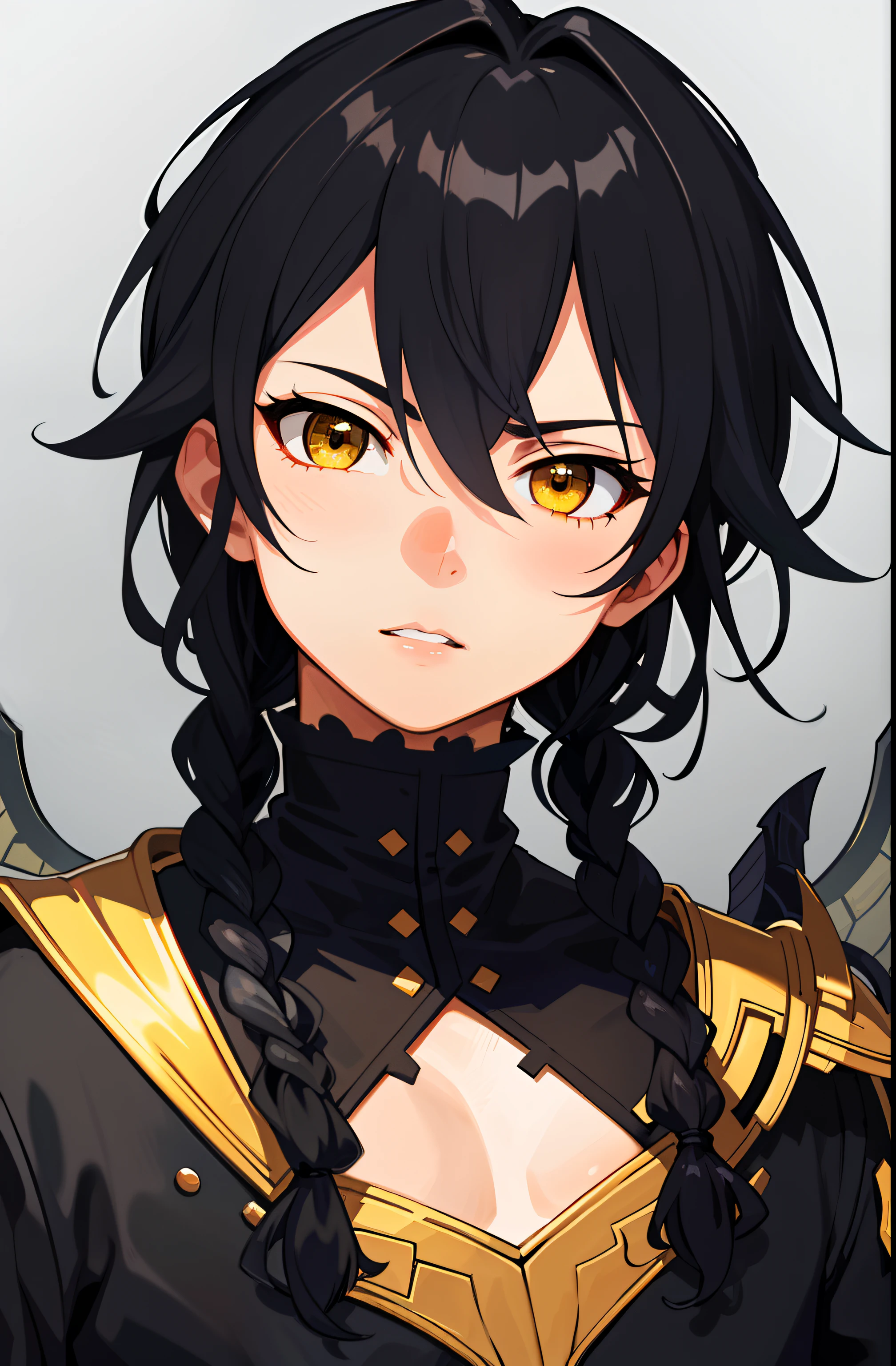 Extremely high image quality, tmasterpiece, Extremely detailed CG, Extremely detailed 8K wallpaper, best illustration, A high resolution, Dynamic Angle, Dynamic pose, (Portrait of a boy), Dirty braids, Black hair color, Expressive yellow eyes, Fine close-up of the face, Three View