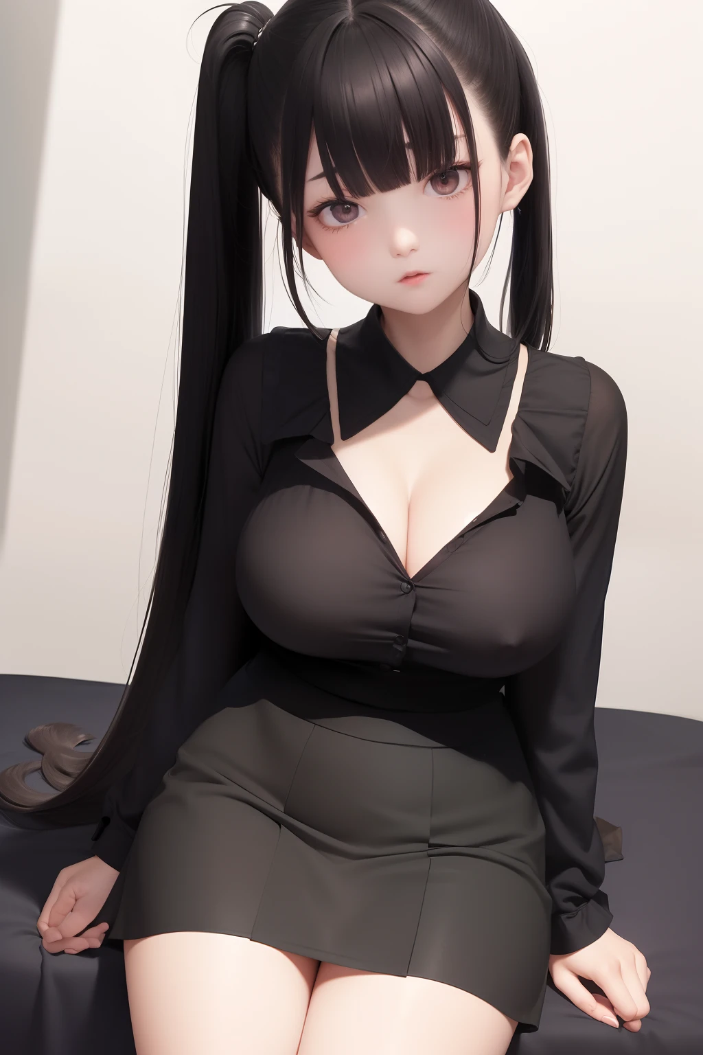 A dark-haired、Short Side Lock、More sides、Blunt bangs、Long ponytail　Narrow-eyed、with round face、Plump cheeks　skinny  body、sixteen years old、large full breasts、cleavage of the breast　White collar clothes、The collar can be unbuttoned、Black skirt、looks to the side　Background with、a bed