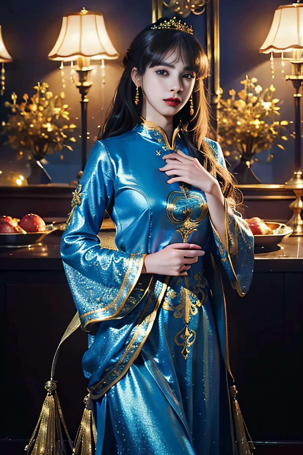 Girls' Dance、((top-quality))、((masterpiece))、(ighly detailed、highestdetailed、Official art、Beautifully Aesthetic:1.2)、Golden decoration on blue dress、Less exposure、Exactly at your fingertips