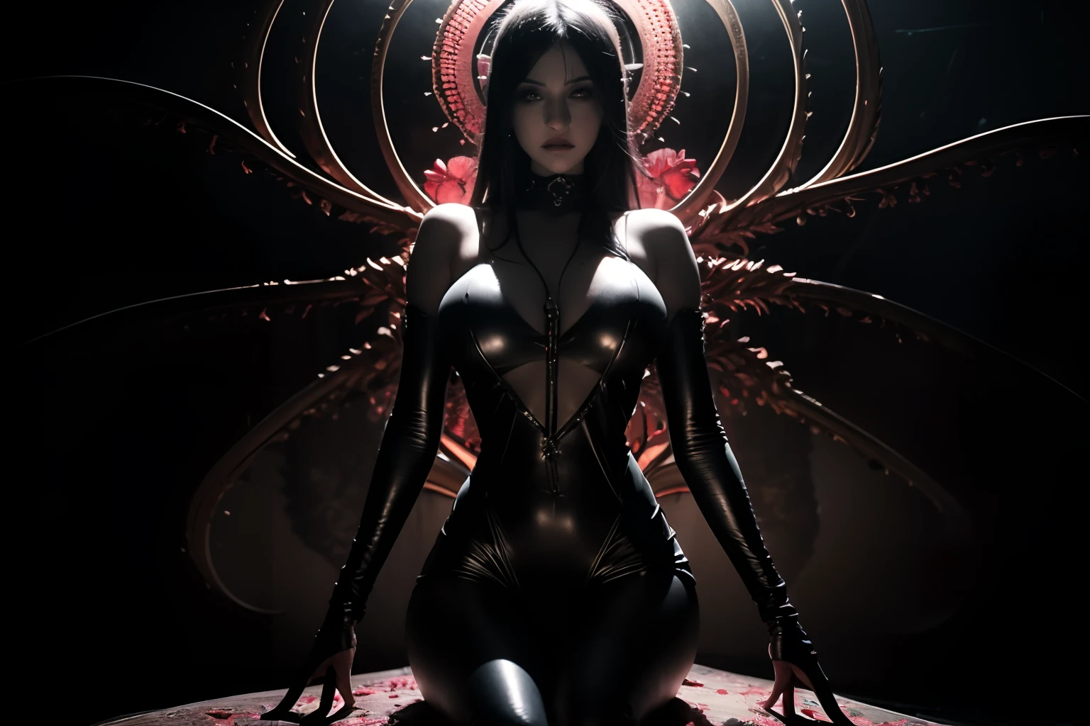 The art of HR Giger and Beksinski comes together in this detailed work, Grim, and dark horror scenes. Sharp Images, Use edge lights to render at 8K resolution, A terrifying environment full of Lovecraftian tentacles writhing and pulsating in neon tones is shown. HDR lighting creates complex and detailed shadows against a distorted background, Mutated humanoid. Due to glitches and distortion effects distort the structure of the environment, Surreal and dreamlike elements，Such as floating inverted structures and close-ups of decaying flesh，Create a feeling of disturbing and disorientation. Religious and mystical symbols scattered in an intricate backdrop add a sense of supernatural horror to this already crazy and terrifying masterpiece.