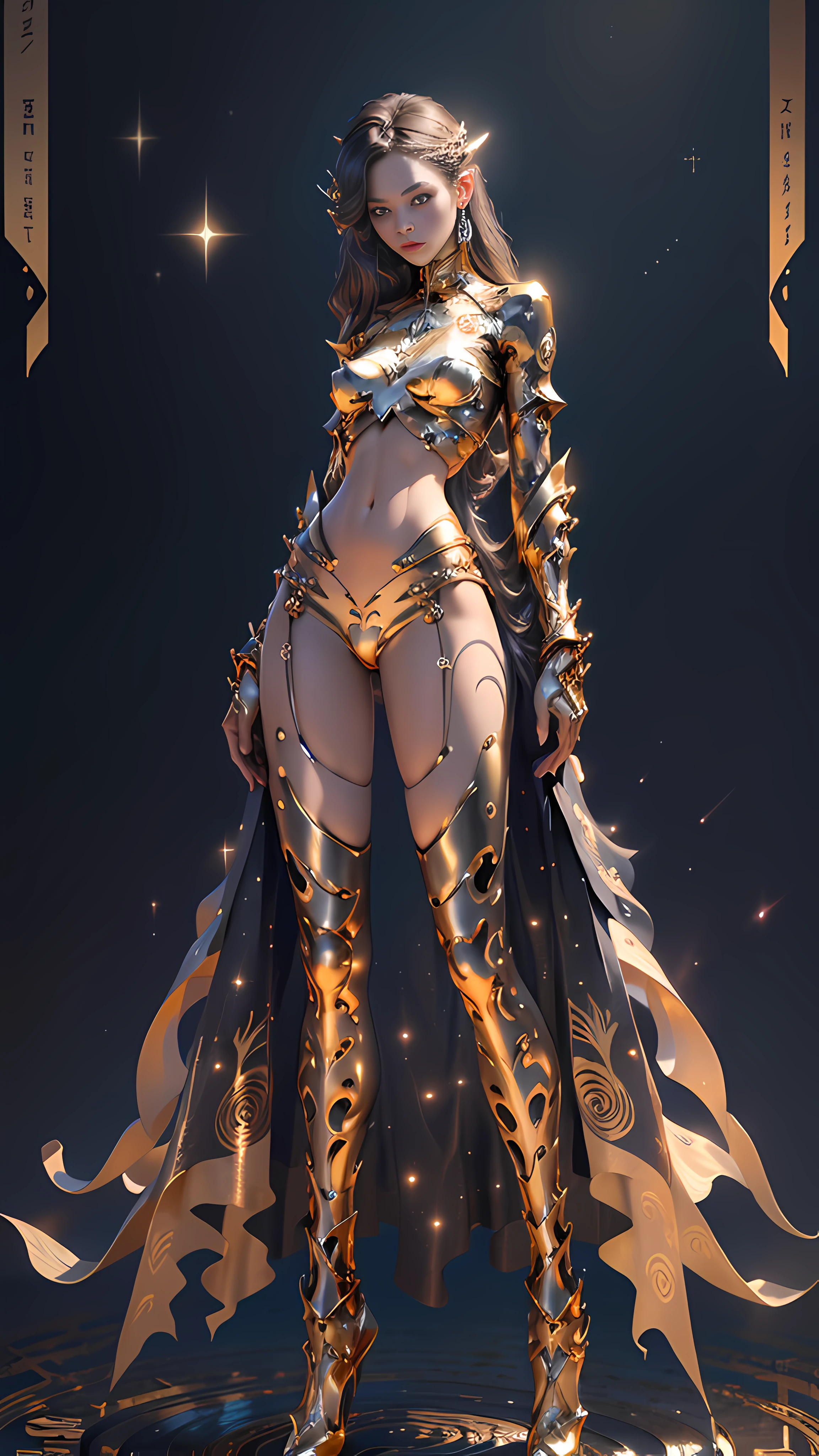 Masterpiece, highly creative digital CG work, a beautiful and proud human void goddess, supermodel, gorgeous clothes on gold patterns, full body white transparent bikini standing under the wild empty night stars, disappearing transparent pants, full body standing, tall, slender legs, extremely high face details, detailed body part details, leg root details, reasonable hand handling, 8k wallpaper