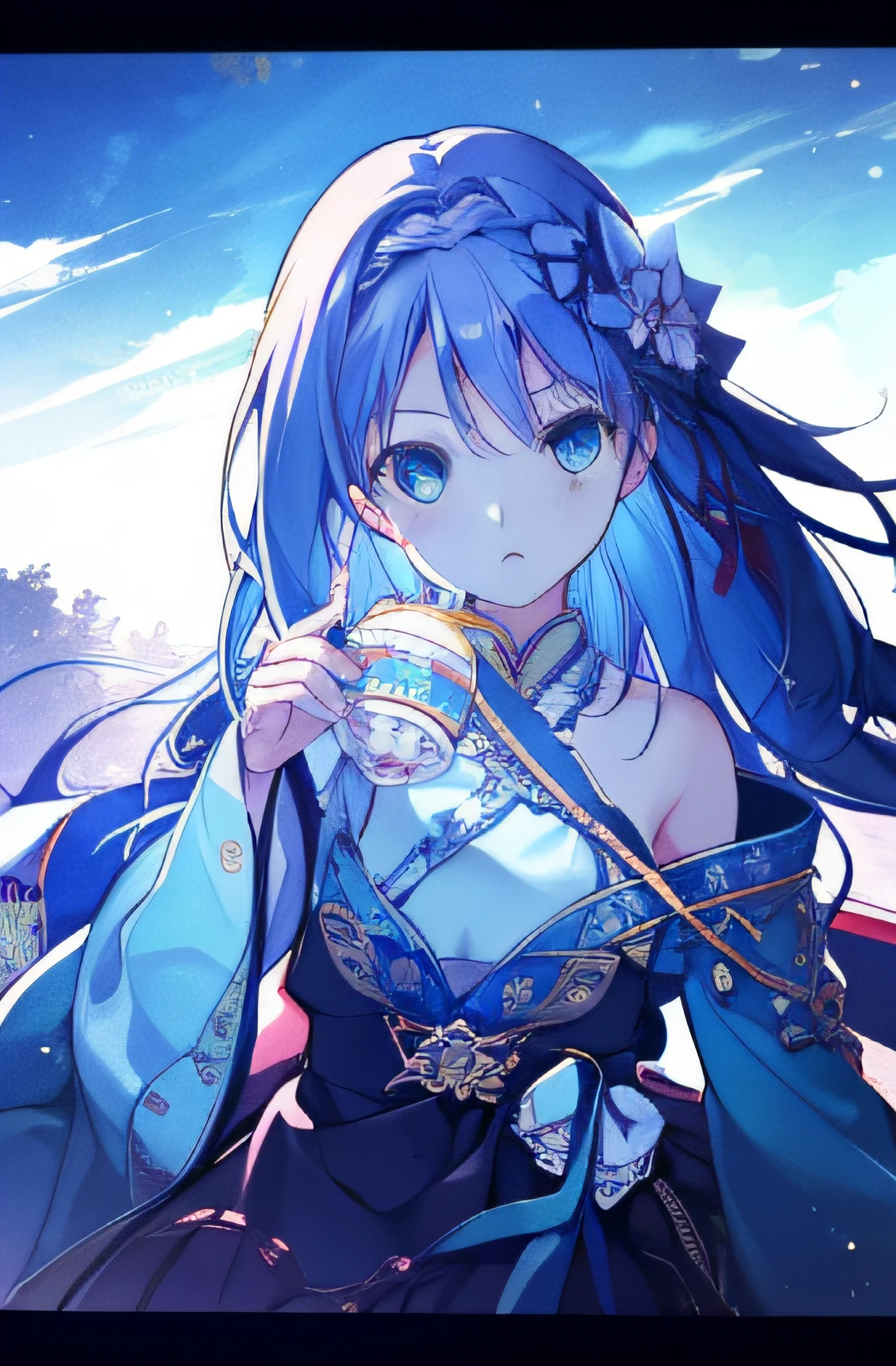 Masterpiece, Best Quality, Official Art, 8k Wallpaper, Very Detailed, Illustration, 1 Girl, Sky Blue Hair, Long Hair, Detailed Eyes, Forrest Gump, Bare Shoulders, Hanfu, Lake, Pure, Soft Smile, bamboo, tea