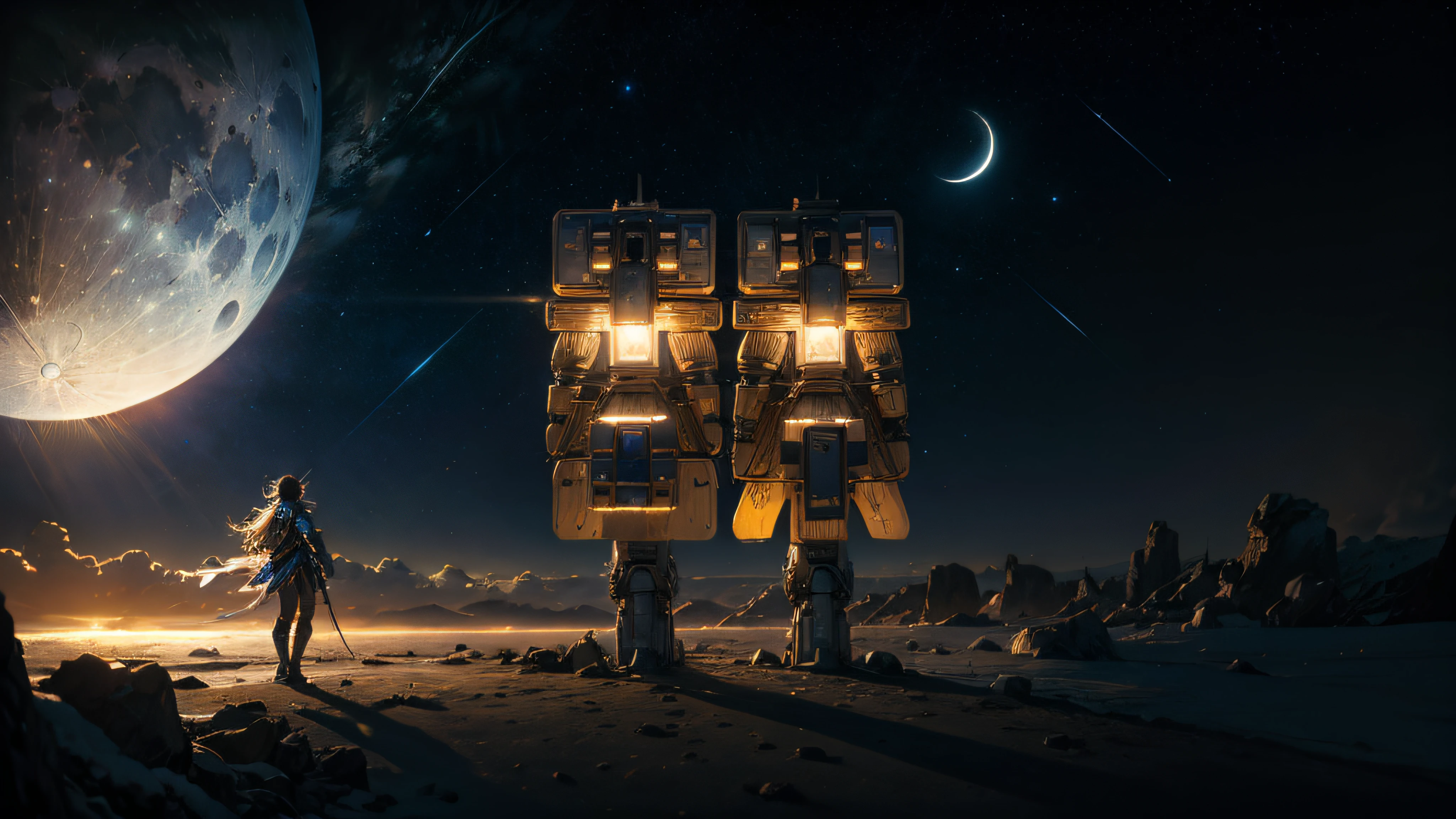 kosmos,Moon,heavenly body,Oil paints are all over the earth,tmasterpiece,mirai,sci-fy,Backlight,metals,mechs,Vintage pattern,tmasterpiece,Best quality,ultra - detailed。
