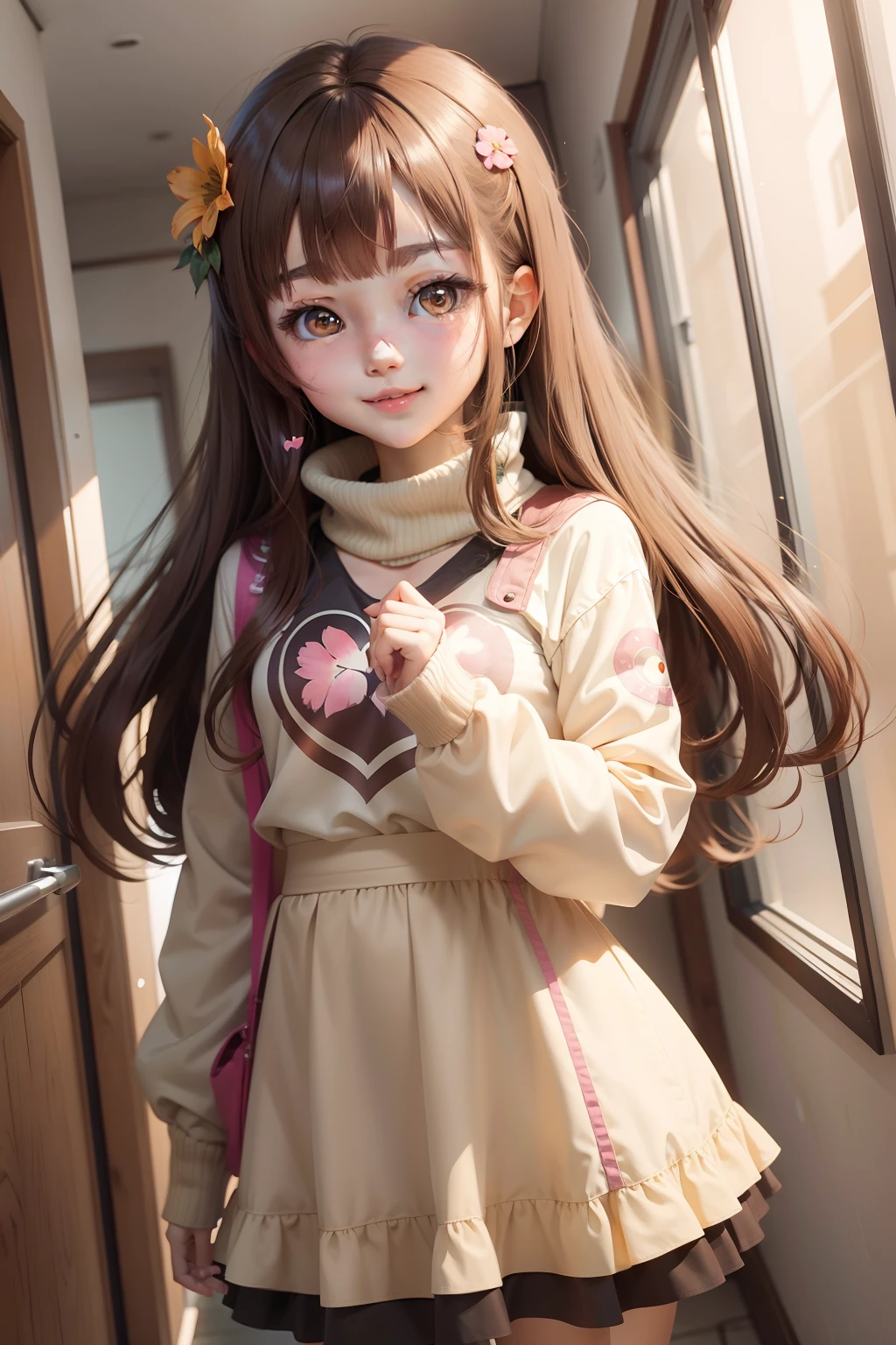 Anime Girls Korean Girl Brunet, light brown hair, hair flower, heart-shaped pupils, light smile, drop shadow