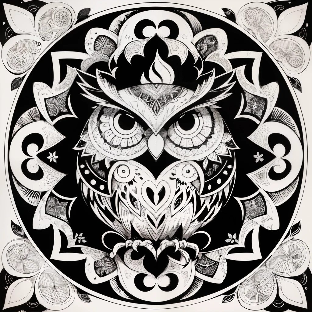 zentangle, fine line art, fine line drawing, coloring book illustratio style, vector art, white and black  graffiti illustration,owl, in the center, white and black colors, paint splashes and blots, Adobe Illustrator, high detail, whitebackground