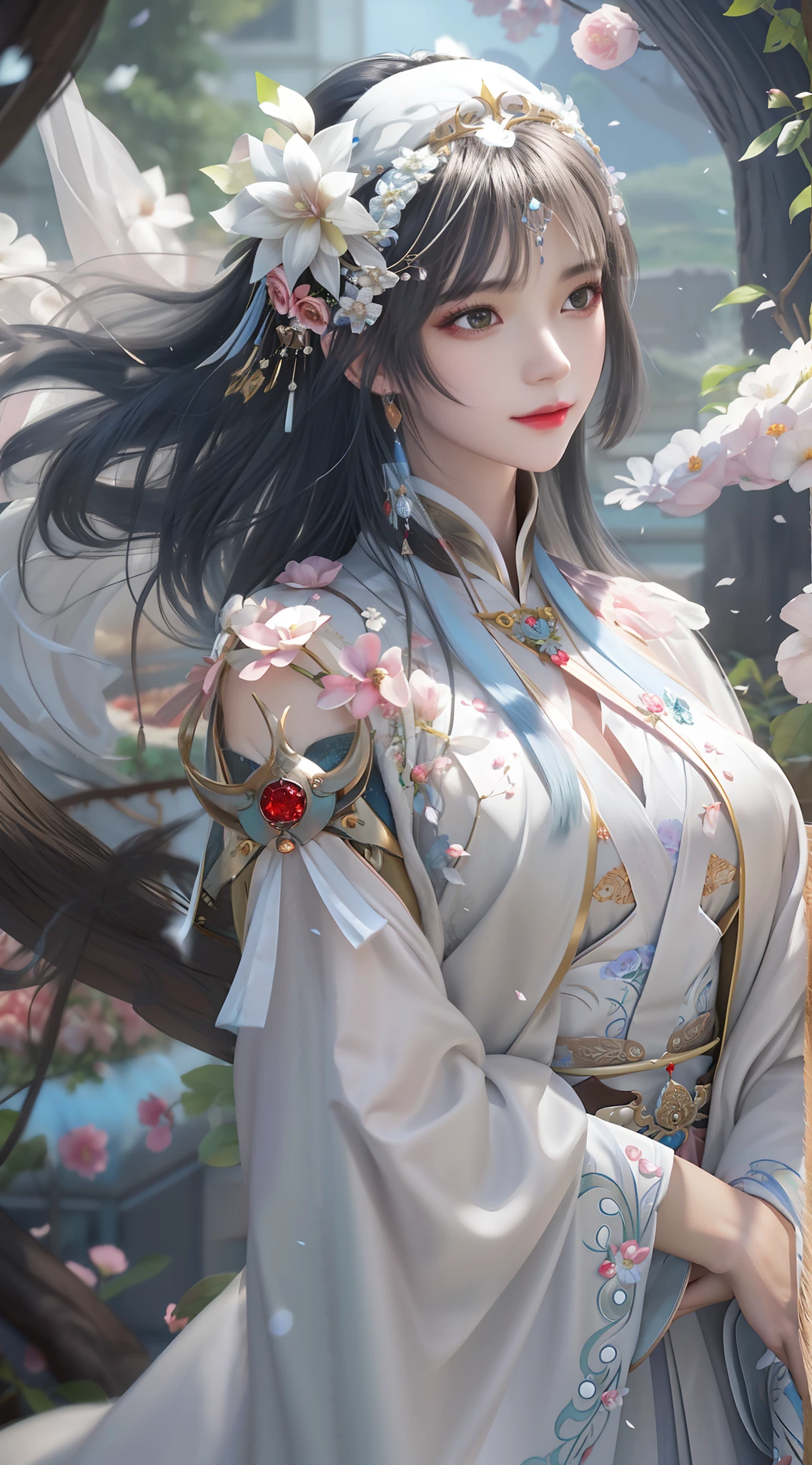 There is a woman in a white dress and a flower crown, Guviz-style artwork, Guviz, by Yang J, Palace , A girl in Hanfu, ((a beautiful fantasy empress)), a beautiful fantasy empress, By Leng Mei, trending on cgstation, Guweiz in Pixiv ArtStation, White Hanfu