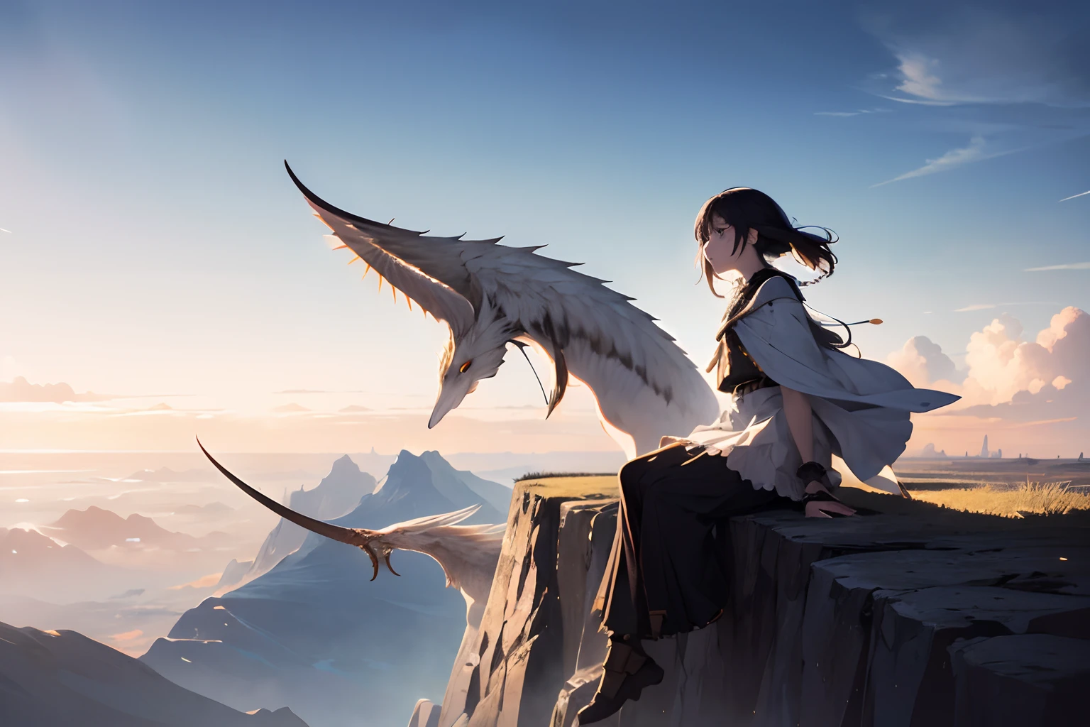 absurdres, highres, (official art, beautiful and aesthetic:1.2), close view,
shining sky, vast world, girl, gazing, awe-inspiring expression, distant horizon, clouds, high hill, natural beauty, inspiration, light effects,