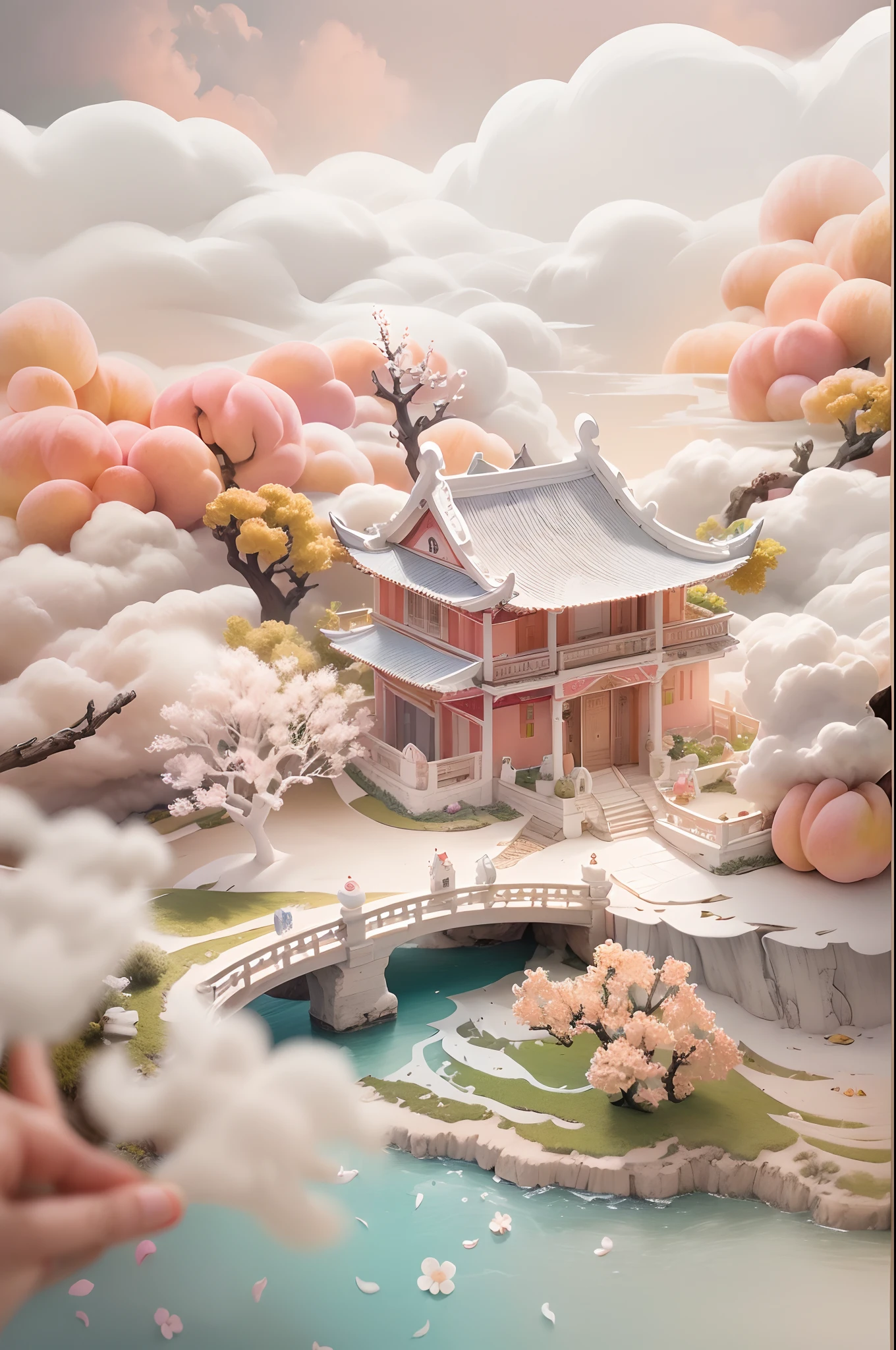 (popup book:1.5),Tilt-Shift,  (Sea of white clouds:1.5), (Clouds:1.5), (peach blossom:1.2), (Little house on the clouds), Soft lighting，Oriental elements, Dreamy, Pastel colors, Bright colors, Traditional Chinese color scheme, ( reasonable design, Clear lines, High sharpness,Best quality, Very detailed, Masterpiece, offcial art, movie light effect, 4K ),