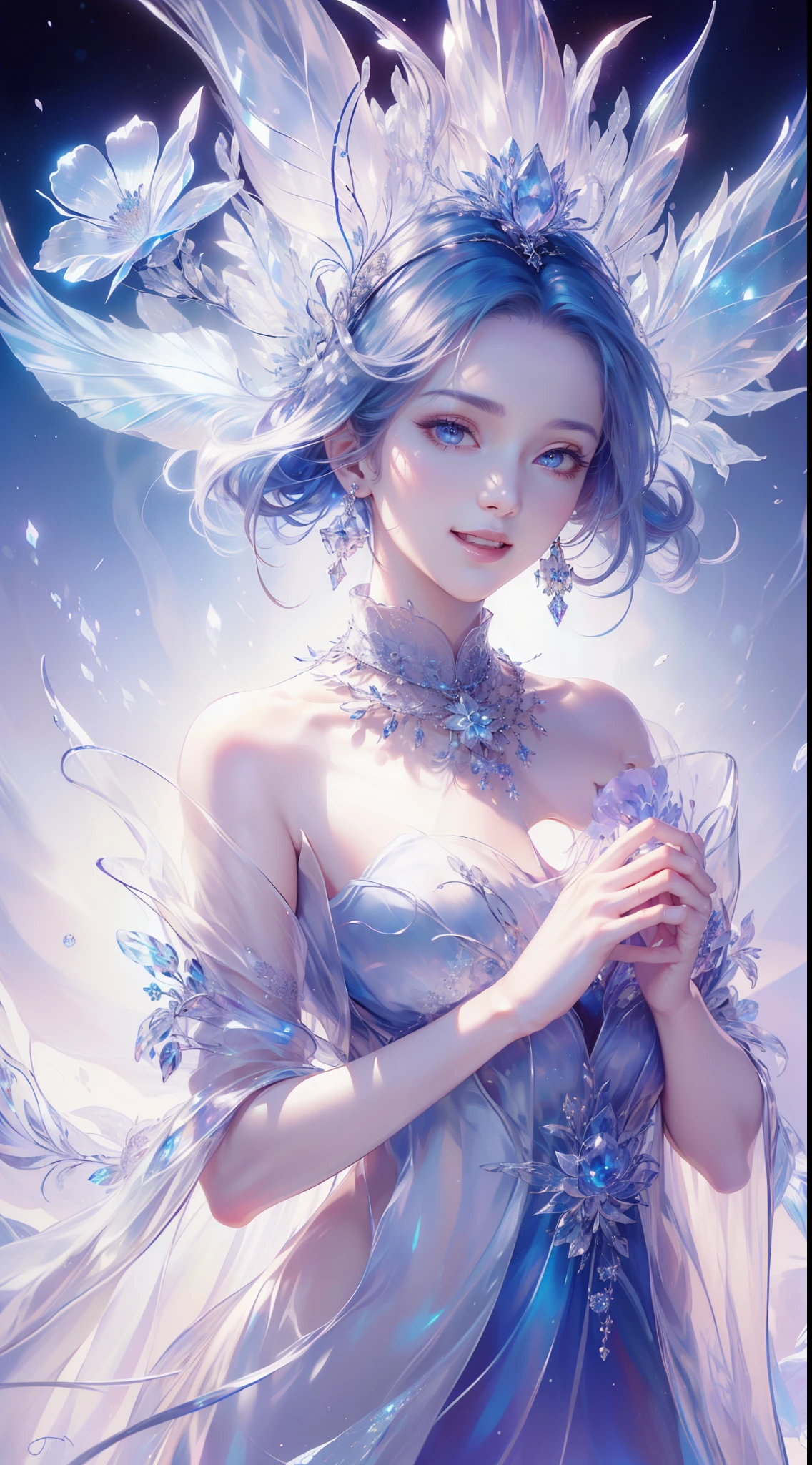 tmasterpiece,Highest high resolution,((((Laugh with your head down)))),Dynamic avatar of beautiful aristocratic girl,Blue hair is elegantly coiled,,jewelery,adiamondnecklace,(((Wearing a huge cloak))),Purple clear eyes,(((The hair is covered with beautiful and delicate floral craftsmanship, Crystal jewelry filigree))),Ultra-detailed details。