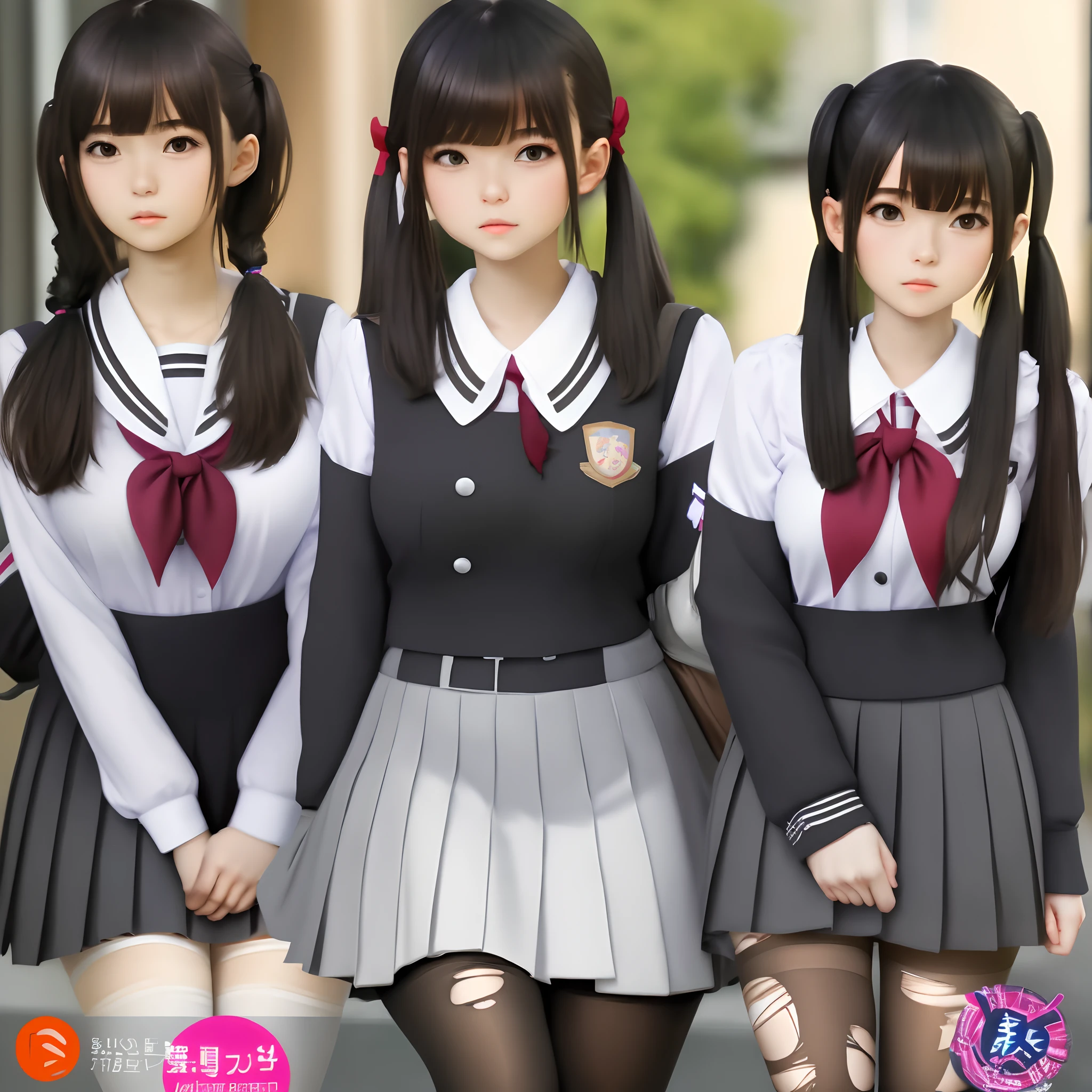 (top-quality、​masterpiece、超A high resolution、Photorealsitic:1.4), embarrassed, three Anime Girls in school uniforms are standing in a row, Naughty anime style, JK Uniform, Realistic high school girl, a Surreal , Anime Girls, Japanese , Magic , Naughty Style, Surreal , Wearing uniform, Seifuku, flat anime style, Magic , wearing, smiling