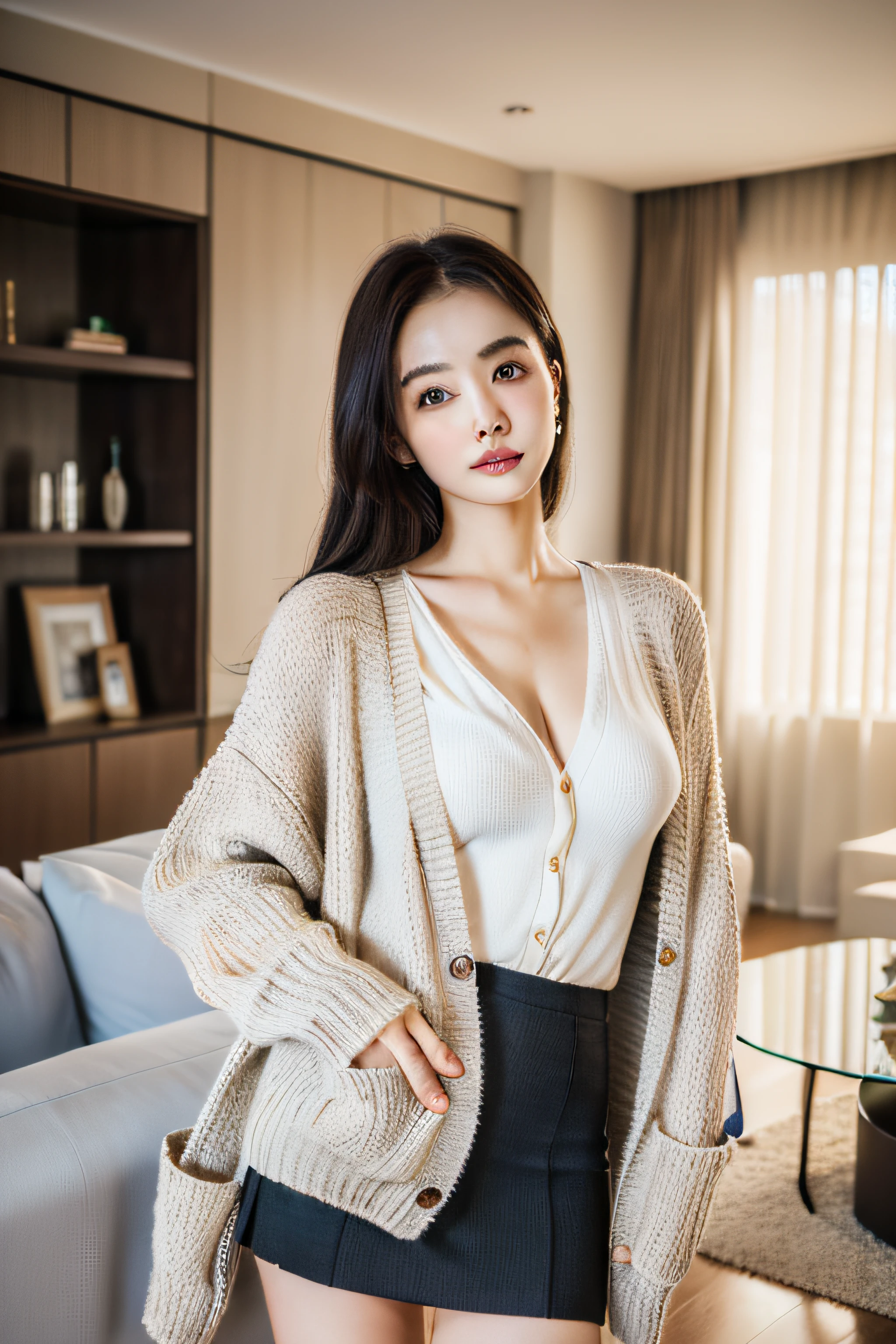 master piece , very detailed face, very best quality, 8k, color photo, Elegant europan woman standing in living room, full boy , ((wearing a cardigan and skirt), elegant pose, 105mm professional photgraphy, , , (high detailed skin:1.2), 8k uhd, dslr, soft lighting, high quality, film grain, Fujifilm XT3