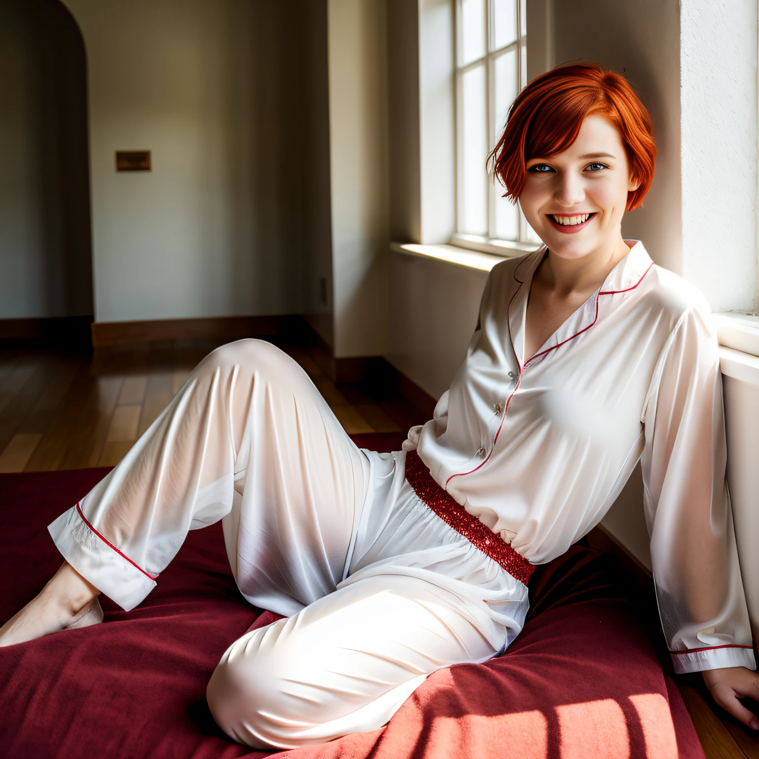 (one-1-person:1.2), a fullbody shot of a beautiful lady, see-through white pijamas , freckles, short hair, (red hair), smiling, dark makeup, hyperdetailed photography, natural light, cover