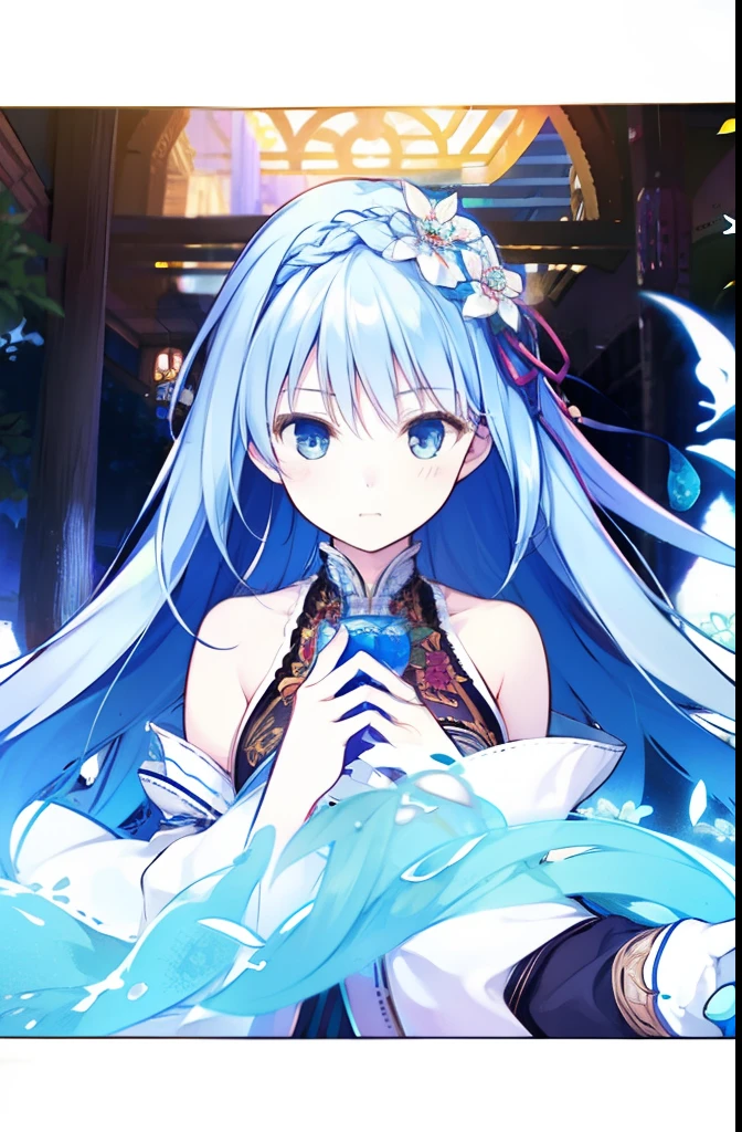 Masterpiece, Best Quality, Official Art, 8k Wallpaper, Very Detailed, Illustration, 1 Girl, Sky Blue Hair, Long Hair, Detailed Eyes, Forrest Gump, Bare Shoulders, Hanfu, Lake, Pure, Soft Smile, bamboo, tea
