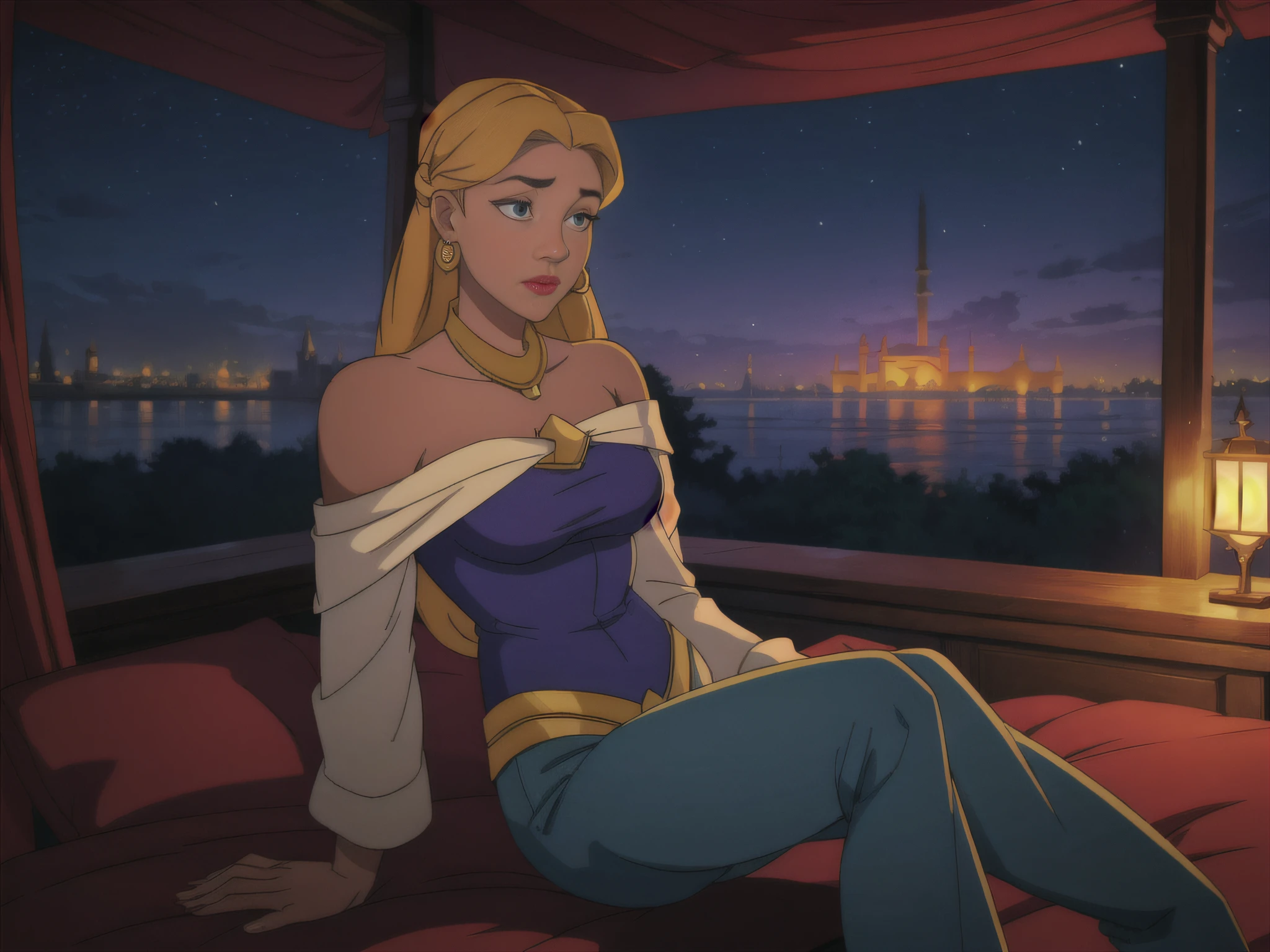 JasmineWaifu, stargazing on the palace balcony at night, (arabian clothes, off-shoulder shirt, pants), (multi-tied hair, long hair), (jewelry)