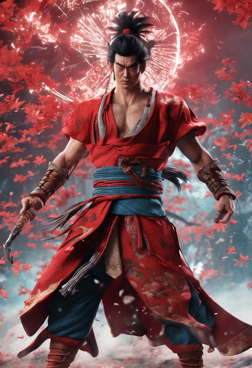 Goku as Chinese warrior in red robes, Dynasty warrior style, Elaborate and gorgeous CGI anime style, Luffy, 8K highly detailed digital effect fantasy, cgsociety 9, epic digital art illustration, and Mumford and Alex Gray style, Bio-luminescence