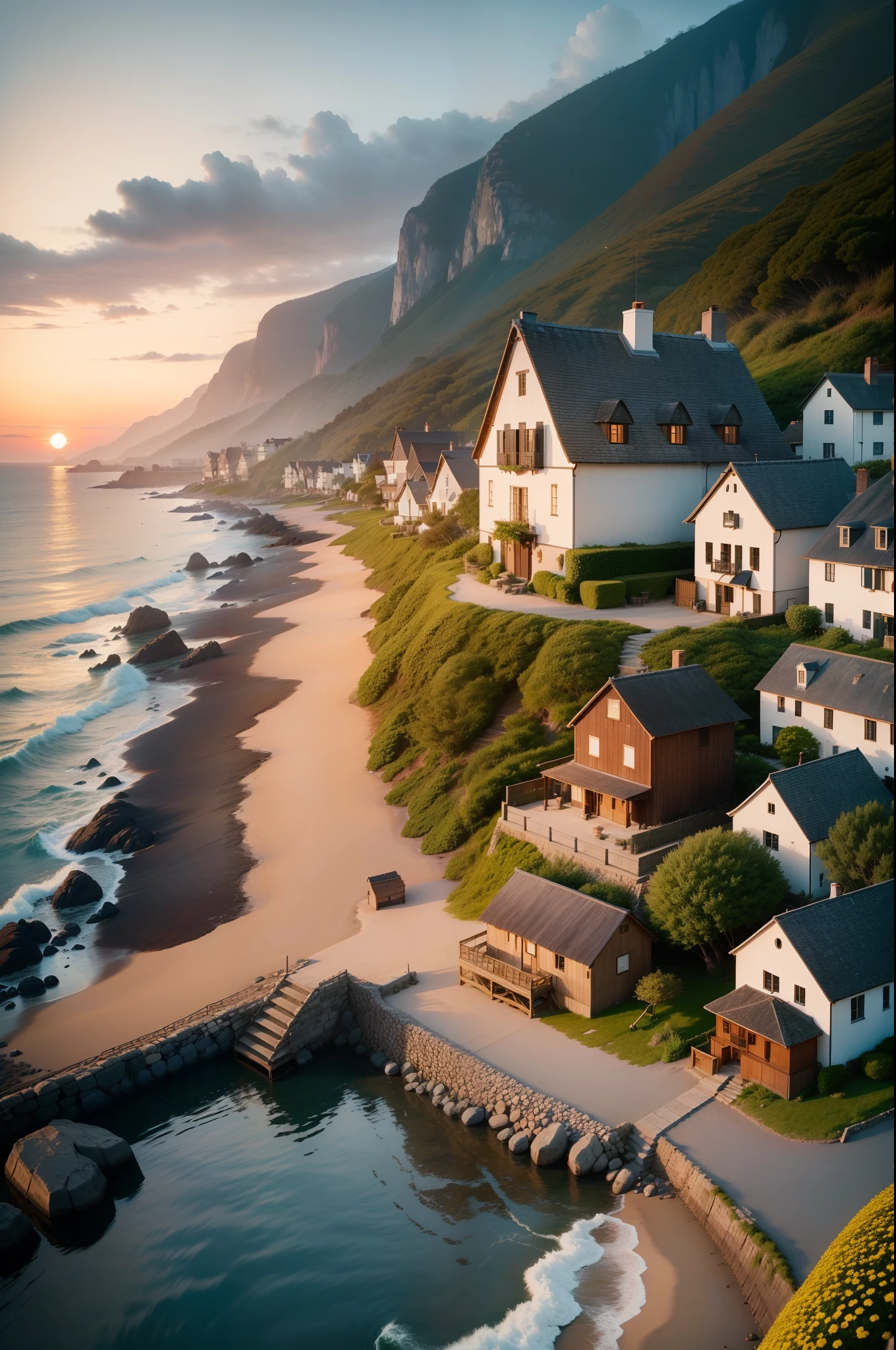 In a quiet coastal village, a weathered lighthouse stands tall on the rocky shore. The sun sets behind it, casting a warm, golden glow on the water. Seagulls soar in the sky, and a fishing boat returns to the harbor, its sails painted with colors that mirror the vibrant hues of the sunset. The village cottages, with their thatched roofs and flower-filled gardens, create a picturesque scene that evokes a sense of nostalgia and serenity. The air is filled with the scent of saltwater and blooming flowers, transporting you to a simpler time. Photography