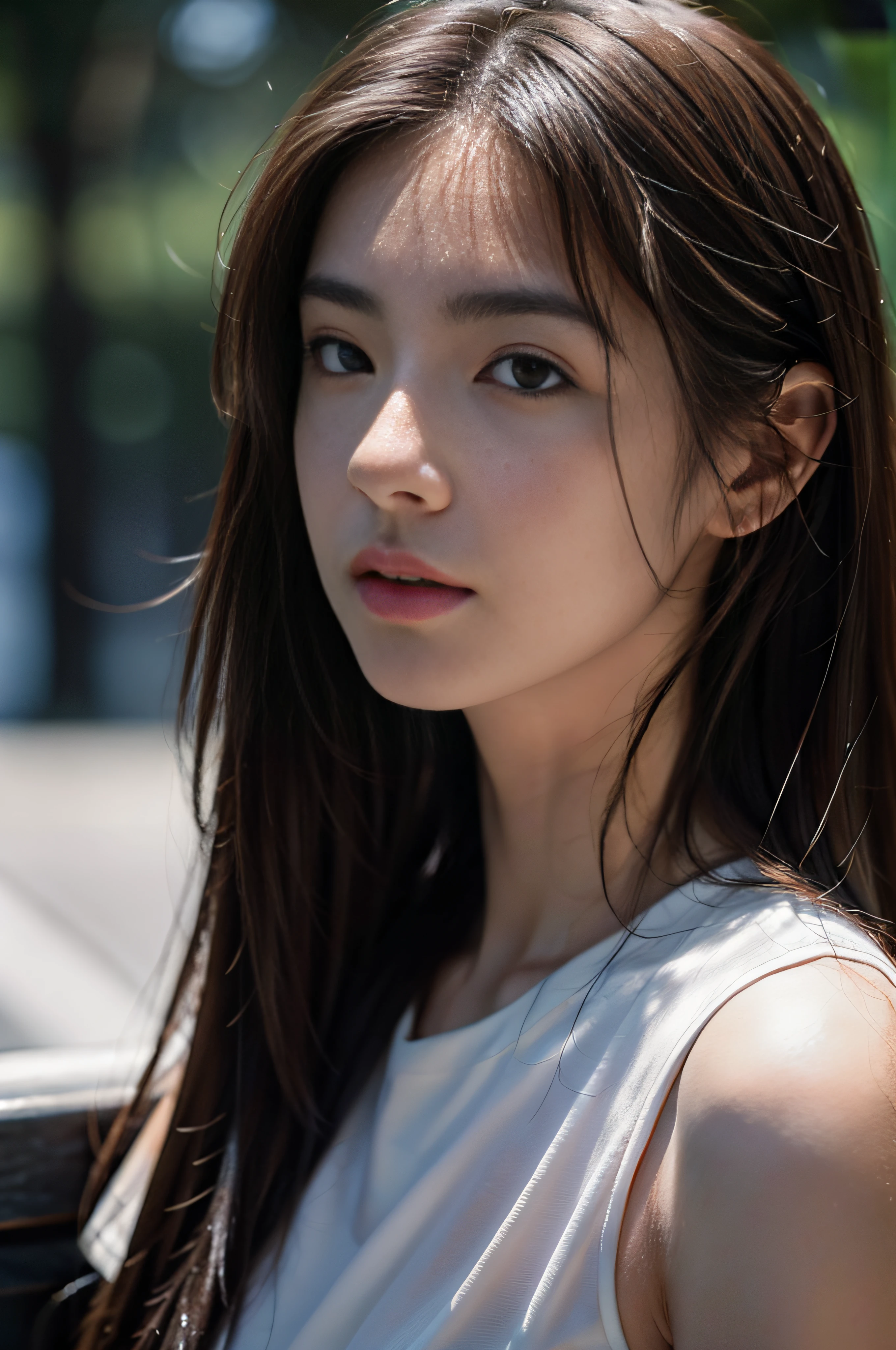 offcial art,Best quality,Masterpiece,超高分辨率,((Photorealistic:1.4)),((Deep focus)),RAW photo,Extremely delicate,Intricate details,Best shadow,1girll,Beautiful,Cool,Detailed face,((Detailed long hair)),(Pale skin),((Brown eyes)),deepshadow,Look away,Close up,Ocean,filmgrain,low tune,Soft lighting,Dramatic lighting,rain