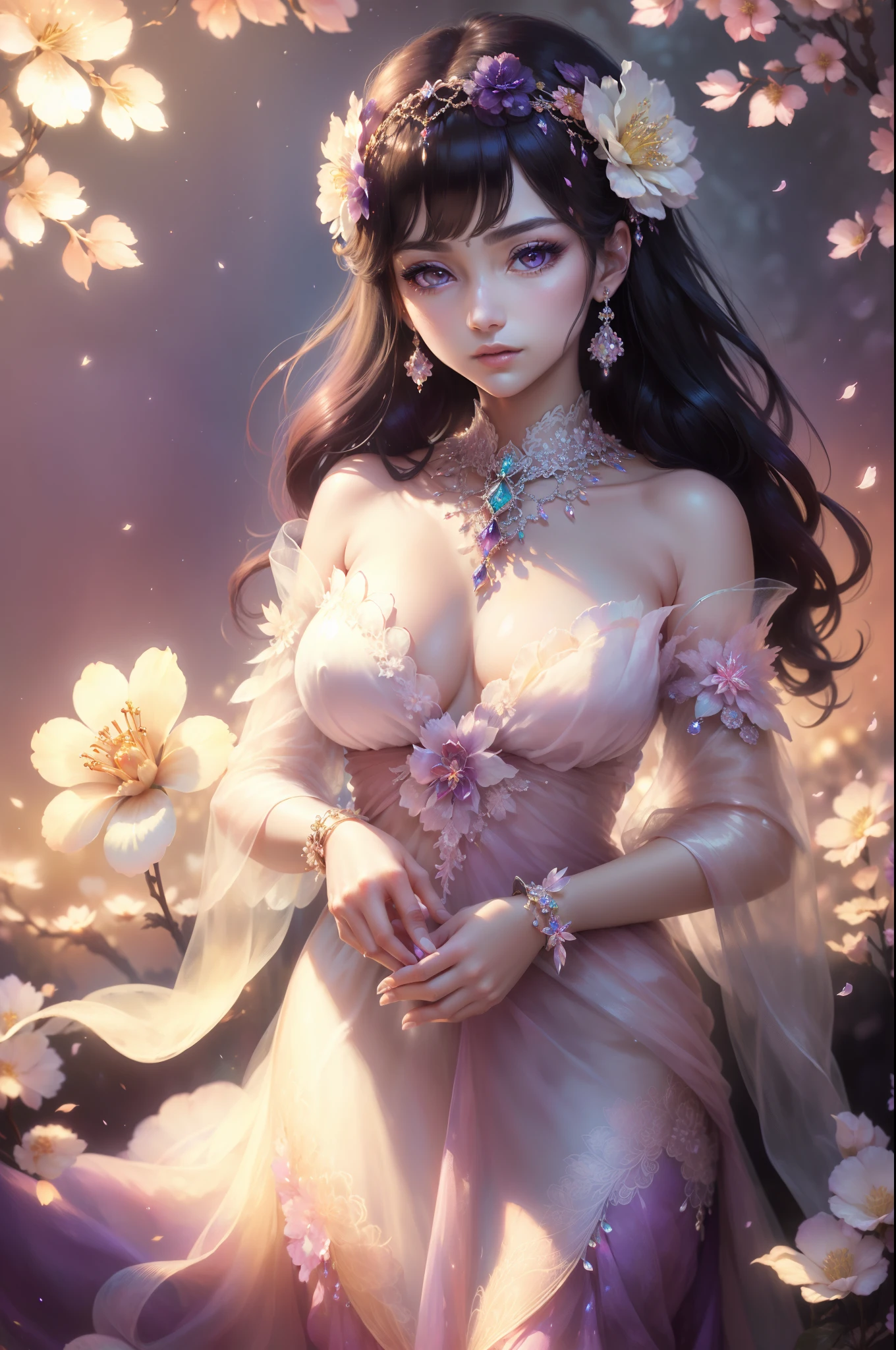 tmasterpiece，Highest high resolution，((ruit))，((((the paradise))))，Colorful sunlight，（(Wearing a huge flower crown、jewely，diamond))，Purple clear eyes，(((Beautiful and delicate floral craftsmanship, Crystal jewelry filigree)))，Ultra-detailed details，upscaled，The earth rises。