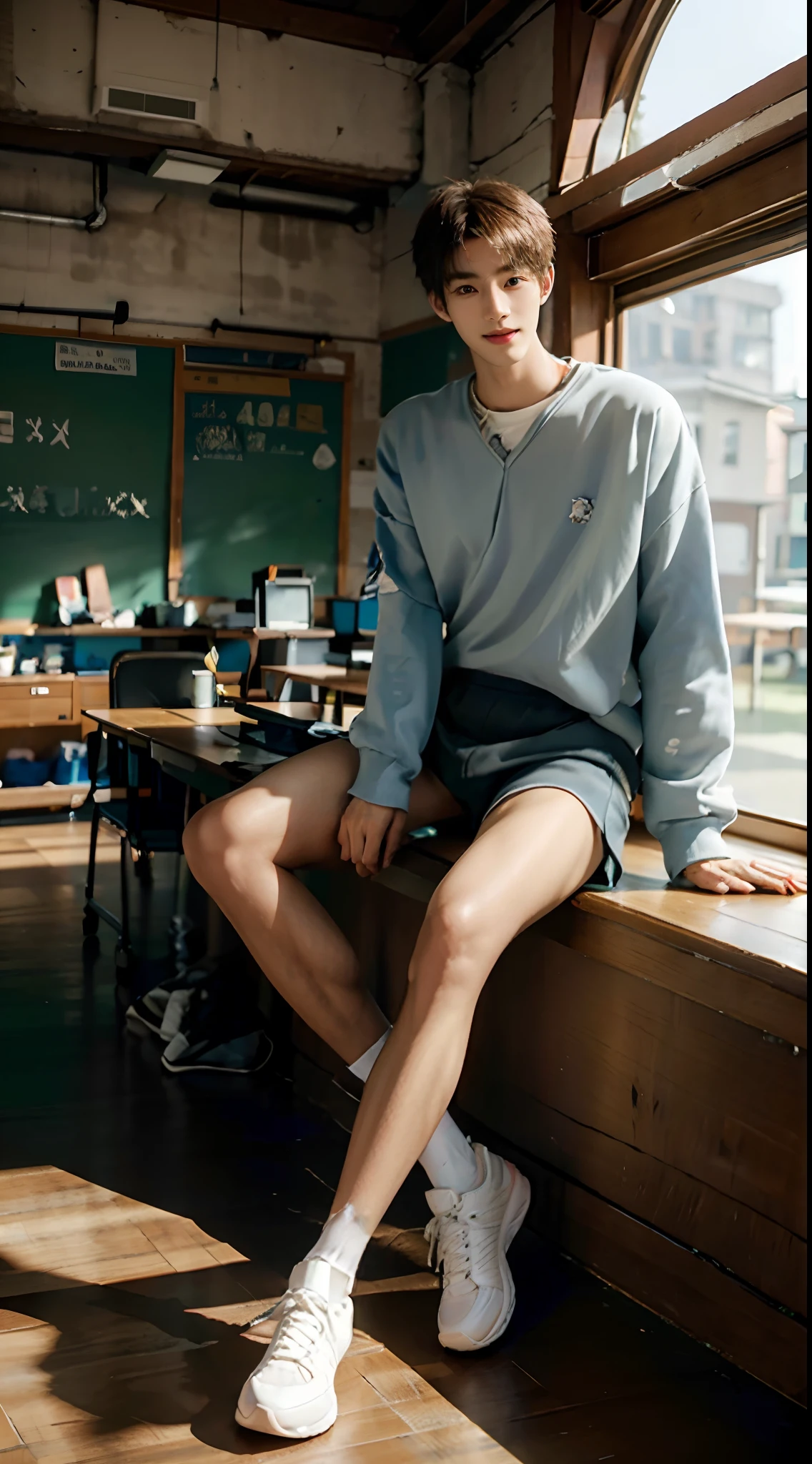 （A 15-year-old junior high school boy sits in a classroom：2），Positive perspective，（malefocus），（full bodyesbian）Height 200 cm，Long, Straight legs，Tall guy，Tall，broad shoulder，Shota，Round face and pointed chin，（The face of the animated male protagonist），Extremely handsome，Happy smile，tilts your head，Men's sweatshirt，Boxer panties，Short messy hair，Eyes widen，orthofacial，athletic sneakers。and the sun was shining brightly，‎Classroom，ultra-realistic realism, (Photorealistic detail), Incredible accuracy, lifelike textures, masterful technique, Jaw-dropping precision, artistic dedication，（anatomy correct），Good lighting，exquisite detailing，Best quality，stunning masterpiece，CG，（Colored screen）