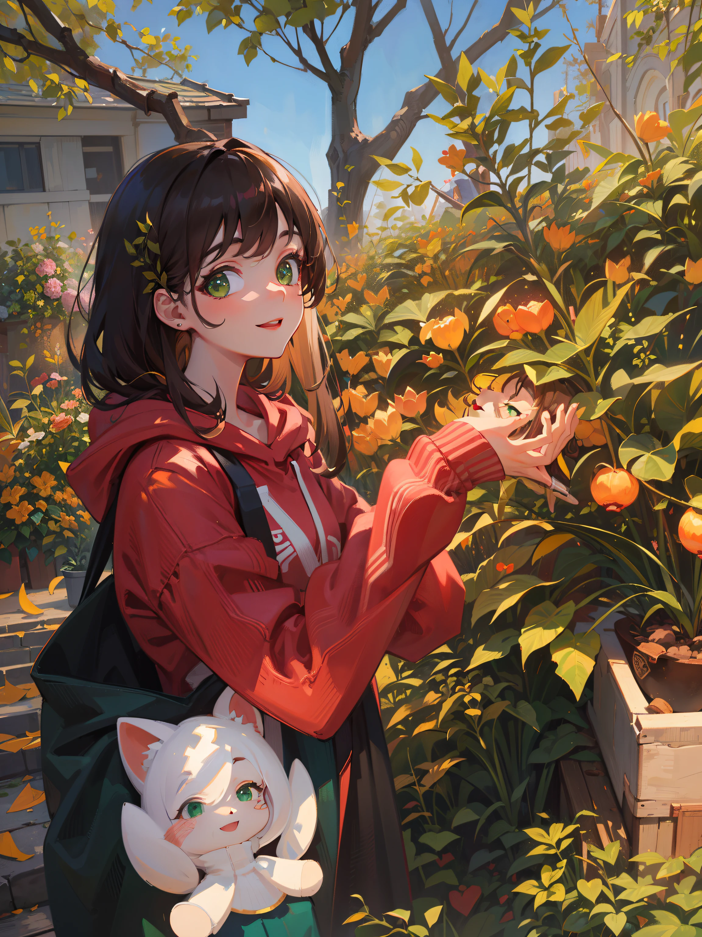 (masterpiece), (best quality), ultra high res, sharp focus, warm pastel tone, ((1 woman, solo)),  upper body, dutch shot, beautiful detailed hair, chestnut brown hair, fringe long hair, beautiful detailed face, ((beautiful shape eyes, green eyes)), perfect feminine face, cute oversize hoodie, look at the viewer, smiles