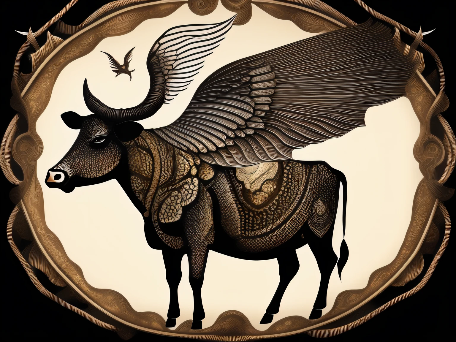 A cow,It has fish scales,snake tail,There are wings on the ribs,mythological creatures,Inspired by the Classic of Mountains and Seas