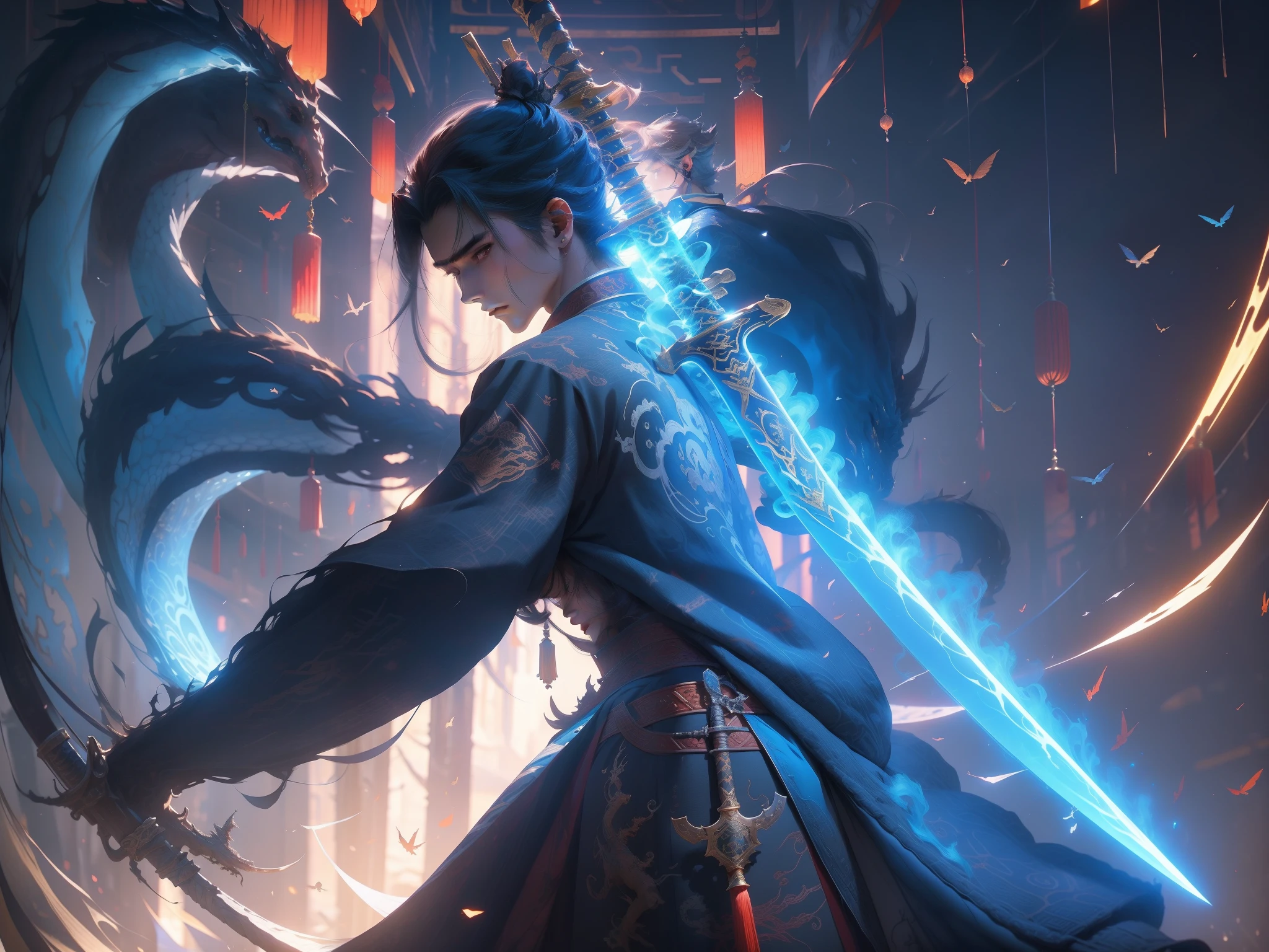 Close-up of a man holding a sword close to a dragon, xianxia hero, From Arknights, by Yang J, yiqiang and shurakrgt, xianxia fantasy, Chiba Yuda, Wuxia, drak, Keqing from Genshin Impact, author:Qu Leilei, Xianxia