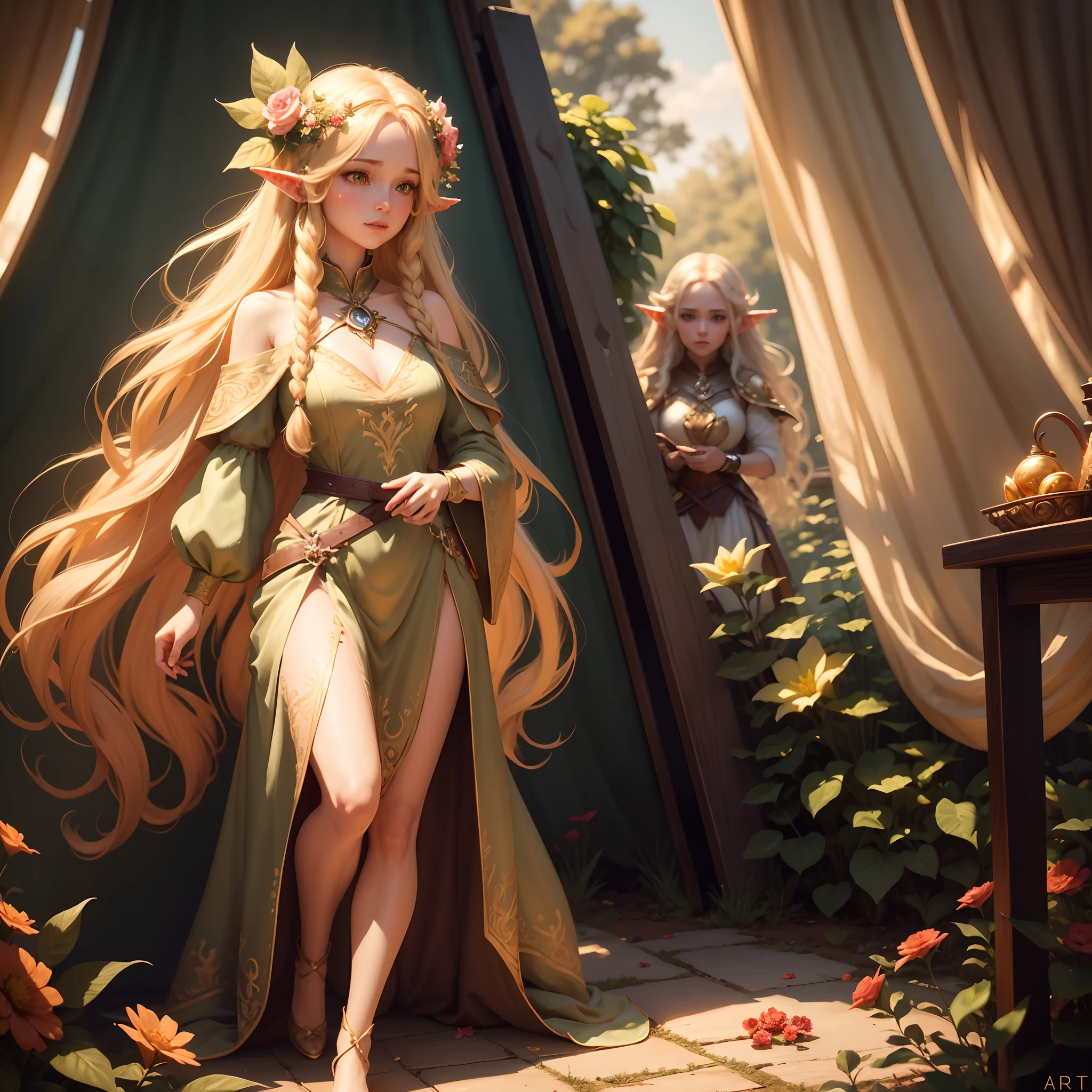 cute elf, long golden hair, flowers in hair, golden eyes, cute dress, full body, artstation, illustration, dynamic soft lighting, fantasy framing, high resolution 4k, hdr, stylistic,