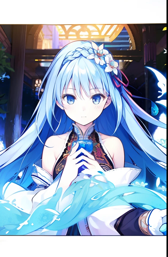 Masterpiece, Best Quality, Official Art, 8k Wallpaper, Very Detailed, Illustration, 1 Girl, Sky Blue Hair, Long Hair, Detailed Eyes, Forrest Gump, Bare Shoulders, Hanfu, Lake, Pure, Soft Smile, bamboo, tea