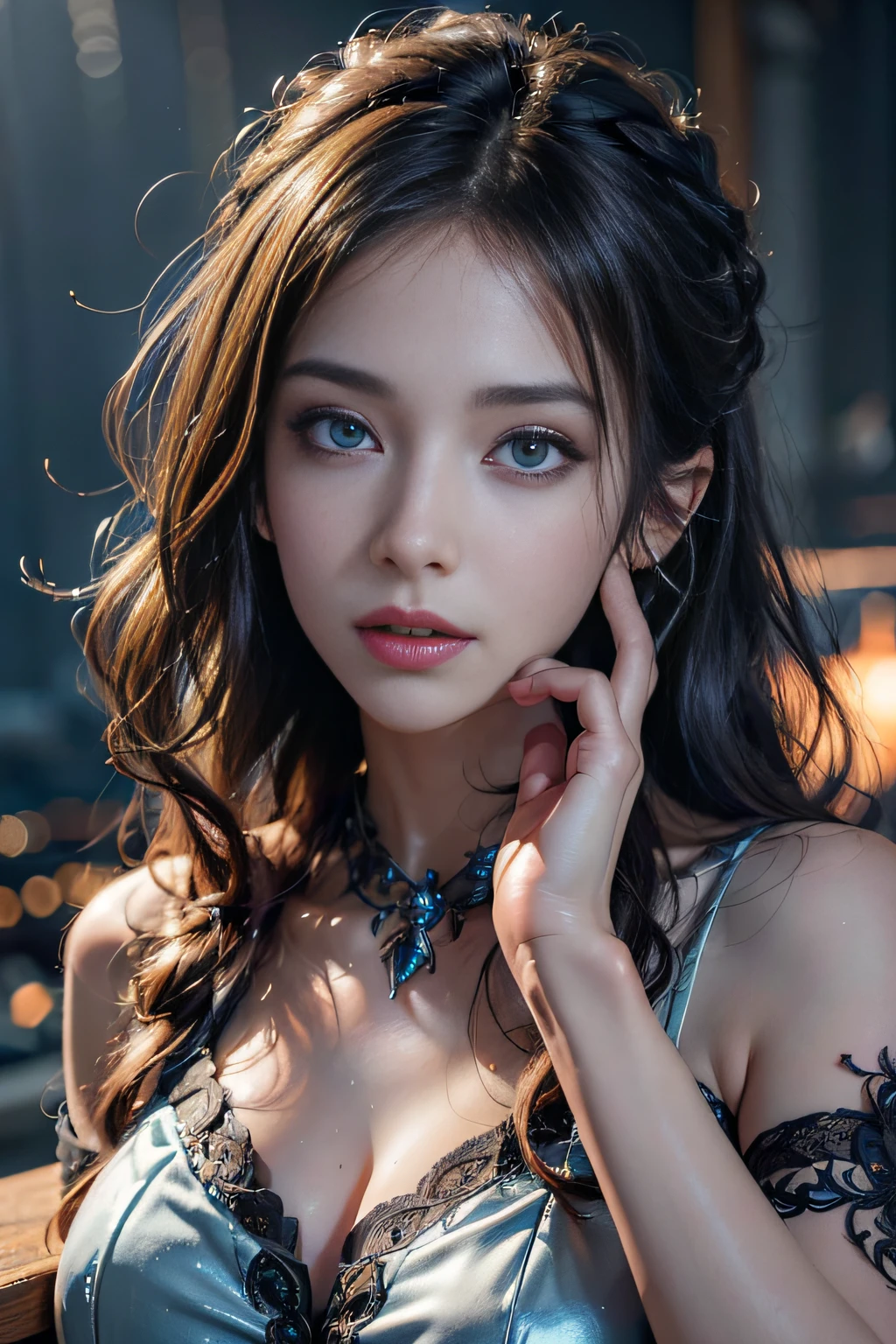 (skindentation:1.5), Realistic, Photorealistic, (masterpiece:1.5), concept art, intricate details, highly detailed, photorealistic, octane render, 8k, unreal engine, dynamic pose, best quality, highres, (realistic face:1.1), (hyperrealistic:1.1), ((full_body)), perfect eyes,(shiny skin:1.2), (((hairstyle))), (((perfect hands))), (extremely detailed background), ((dynamic background)), (light rays), ((detailed eyes, high quality eyes, high quality face)), (((flowing hairstyle))), epic, depth of field, bokeh, 4k, gothic, mountain background, lightning, glowing blue iris, at night,