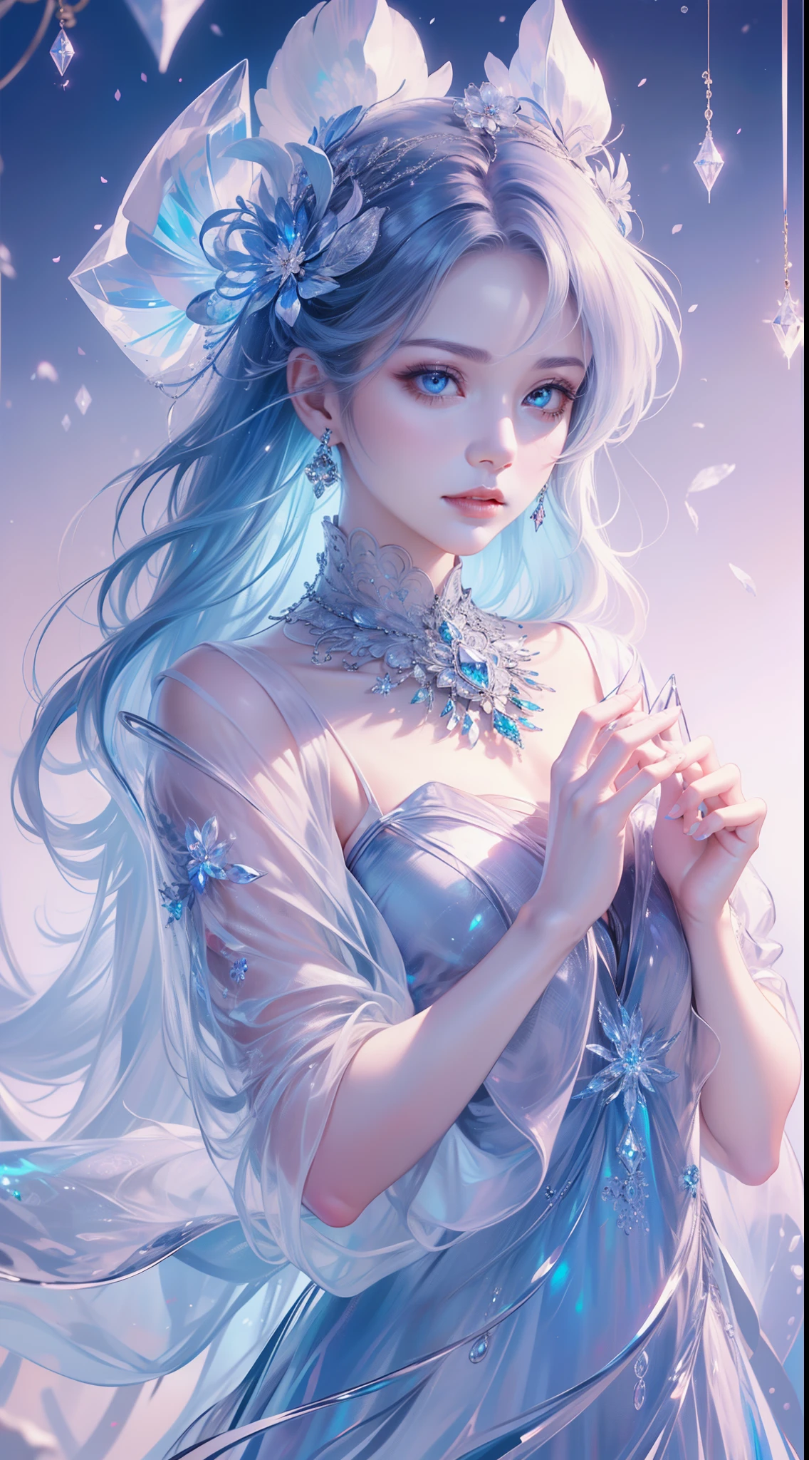 tmasterpiece,Highest high resolution,((((diamond)))),Dynamic avatar of beautiful aristocratic girl,Blue hair is elegantly coiled,,jewelery,adiamondnecklace,(((Wearing a huge cloak))),Purple clear eyes,(((The hair is covered with beautiful and delicate floral craftsmanship, Crystal jewelry filigree))),Ultra-detailed details。