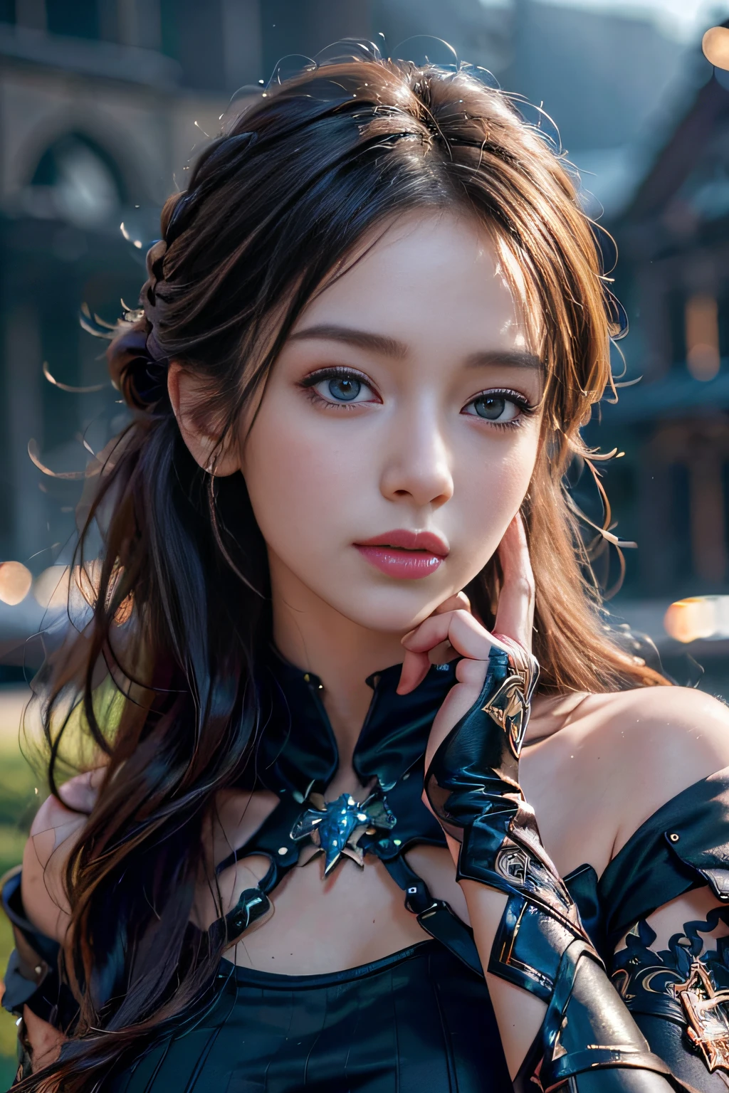 (skindentation:1.5), Realistic, Photorealistic, (masterpiece:1.5), concept art, intricate details, highly detailed, photorealistic, octane render, 8k, unreal engine, dynamic pose, best quality, highres, (realistic face:1.1), (hyperrealistic:1.1), ((full_body)), perfect eyes,(shiny skin:1.2), (((hairstyle))), (((perfect hands))), (extremely detailed background), ((dynamic background)), (light rays), ((detailed eyes, high quality eyes, high quality face)), (((flowing hairstyle))), epic, depth of field, bokeh, 4k, gothic, mountain background, lightning, glowing blue iris, at night,