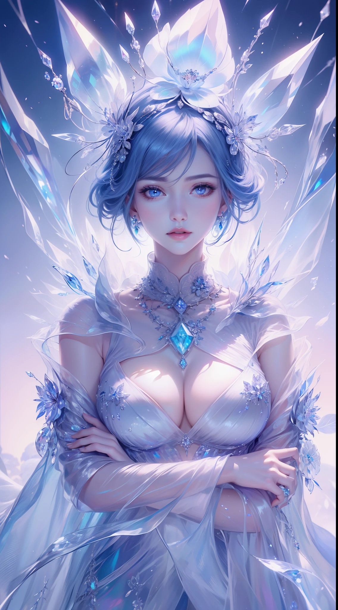 tmasterpiece，Highest high resolution，((((diamond))))，Dynamic avatar of beautiful aristocratic girl，Blue hair is elegantly coiled，，jewelery，adiamondnecklace，（((Wearing a huge cloak)))，Purple clear eyes，(((The hair is covered with beautiful and delicate floral craftsmanship, Crystal jewelry filigree)))，Ultra-detailed details。