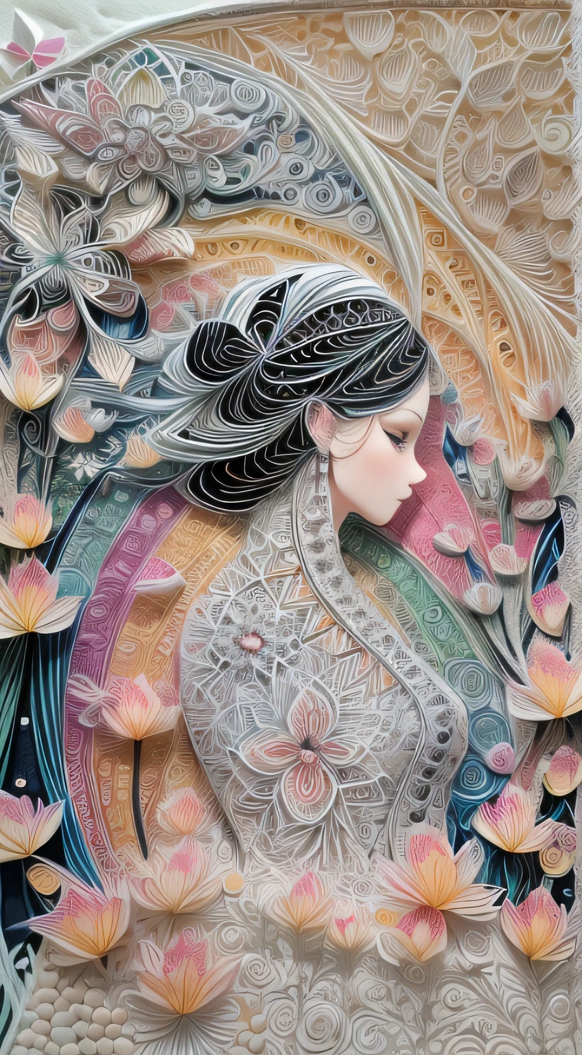 （A silhouette of a beautiful woman,Colorful peach blossoms)，White background，(paper art, Quilted paper art:1.2, geomerty:1.1, zentangle,a 3D render), (Extremely colorful, Best quality, Detailed details, Masterpiece, offcial art, movie light effect, 4K)