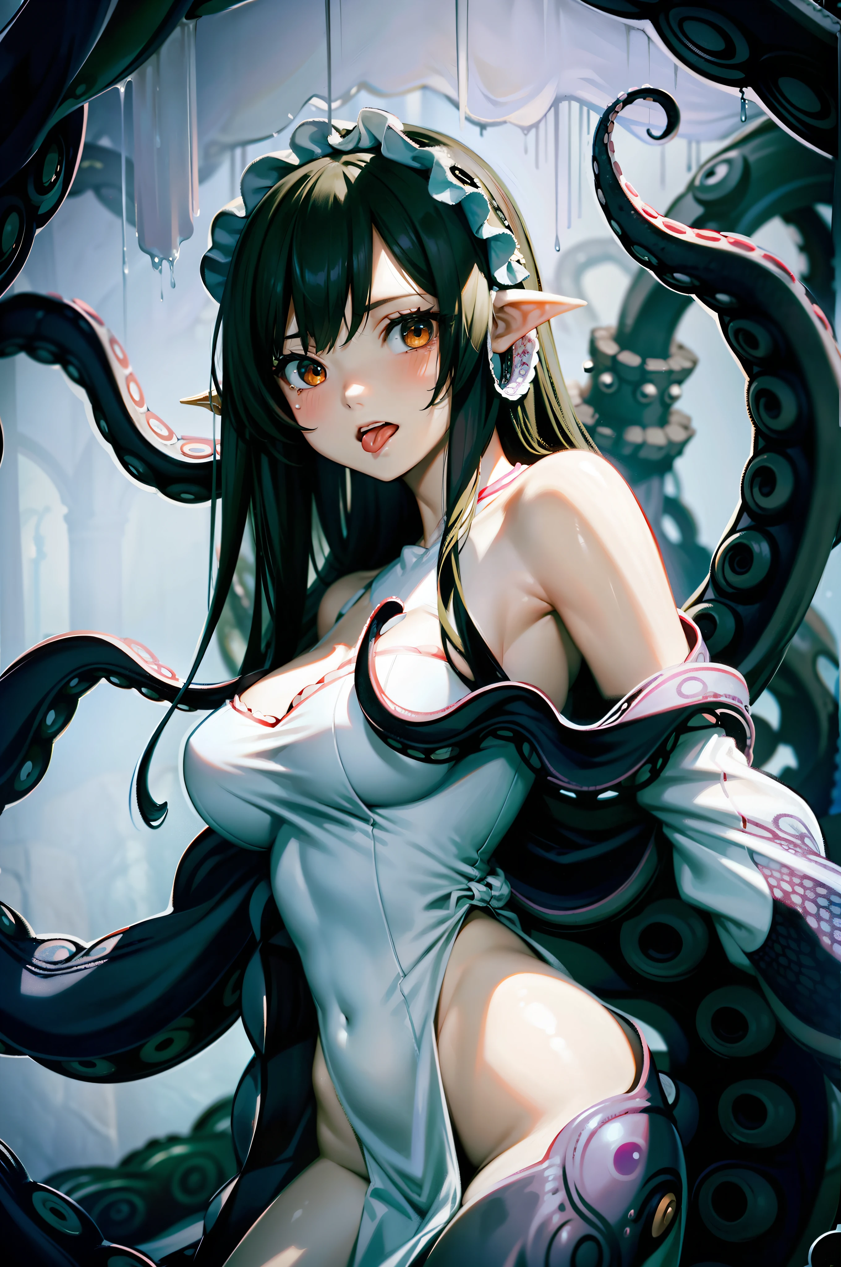 one-girl、Large breasts,Upper body portrait、Lots of detail、Cute girl,largeeyes、The background is complex、The face is close to the audience,Big orange eyes、Red blush、Tears、Tongue stock、Mouth open、teary,Milky white liquid,Giant octopus catches the maiden、Long dress,The tentacles grab the arm,The tentacles are wrapped around the crotch、Tentacles grasp the buttocks、Tentacles grasp the legs,Under the water、20+tentaculata,There are many smaller eyes on the tentacles,Black Castle Background,Octopus tentacles,The tentacles are covered with eyes,Tentacles wrap maiden,Lots of details,monstergirl,Under water,wonderful dress,dark castle background,black lence stockings,Tentacles wrap around the body,The body is wrapped in many tentacles,a large amount of mucus,Bust,face close to camera
