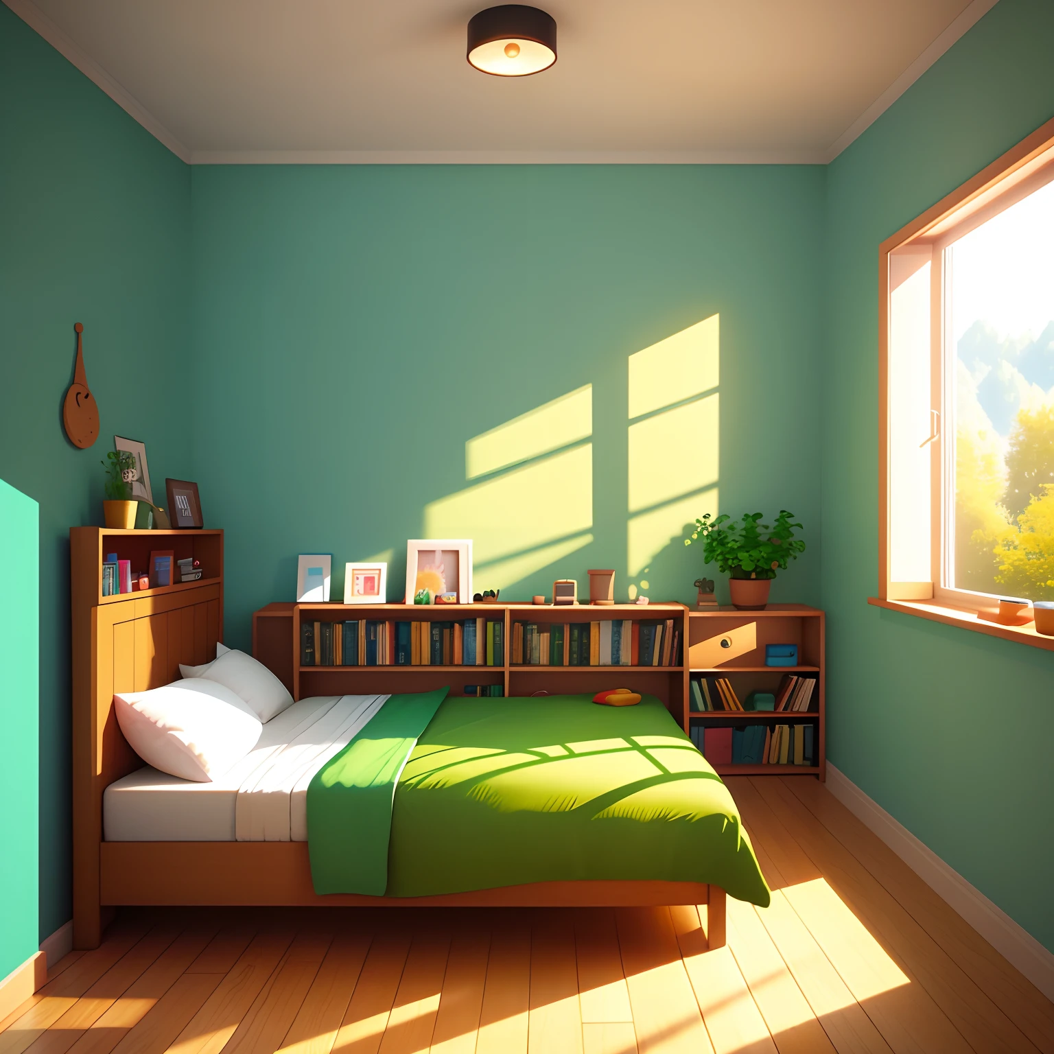The room was empty,Front photography A room with a lot of books,Warm little bed,Cosy house,There is a pot of greenery by the bed of perfect quality,Happy cartoon,hd illustration,exciting illustration,flatillustration
