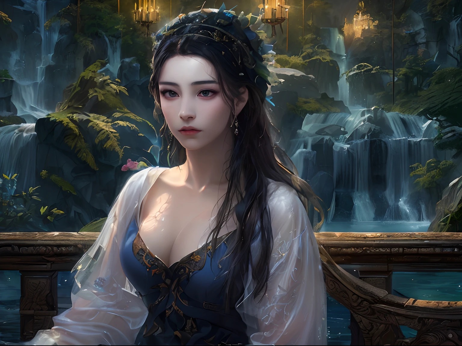 high details, best quality, 16k, [best detailed], masterpiece, best quality, (extremely detailed), a view from the rear (best details, Masterpiece, best quality), photorealistic, fantasy art, RPG art,  a portrait of a woman sitting in a pool by a waterfall at night, extremely beautiful human woman (best details, Masterpiece, best quality), best detailed face (best details, Masterpiece, best quality) black hair, long hair,  pale skin, dynamic eyes color, dynamic dressing  (best details, Masterpiece, best quality), sitting in a pool  (best details, Masterpiece, best quality), waterfall forest clearing  (best details, Masterpiece, best quality), candles light  (best details, Masterpiece, best quality), fantasy night, moon light, stars, fantasy night scenery, sense of serenity, atmosphere of tranquility, High Detail, Ultra High Quality, High Resolution, 16K Resolution, Ultra HD Pictures, Ultra Realistic, photorealism  (best details, Masterpiece, best quality), Clear Details, Realistic Detail, Ultra High Definition
